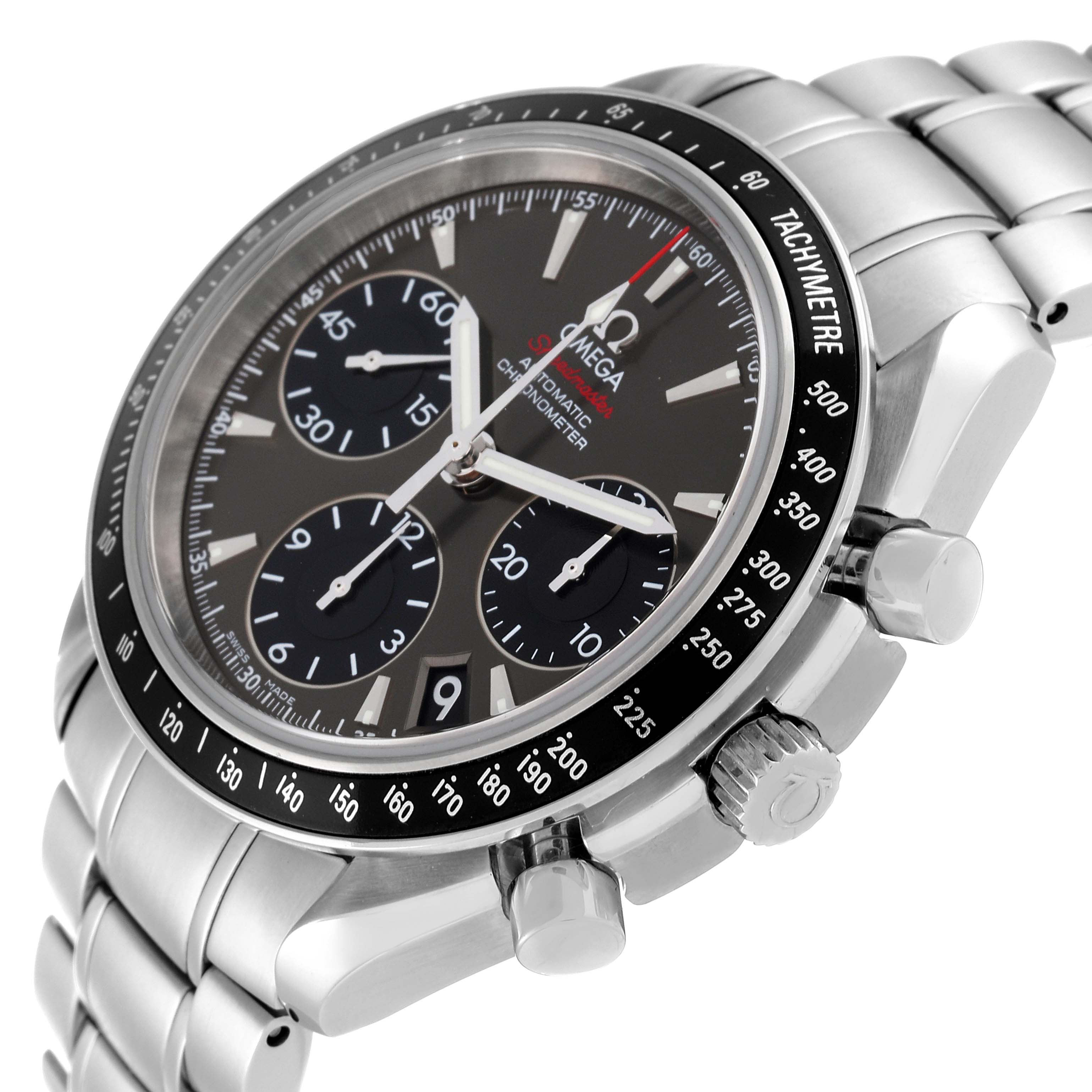 The image shows a side angle of the Omega Speedmaster 323.30.40.40.06.001 Men's Stainless Steel Grey Dial 323.30.40.40.06.001 Men's Stainless Steel Grey Dial watch highlighting its dial, tachymeter, and stainless steel bracelet.