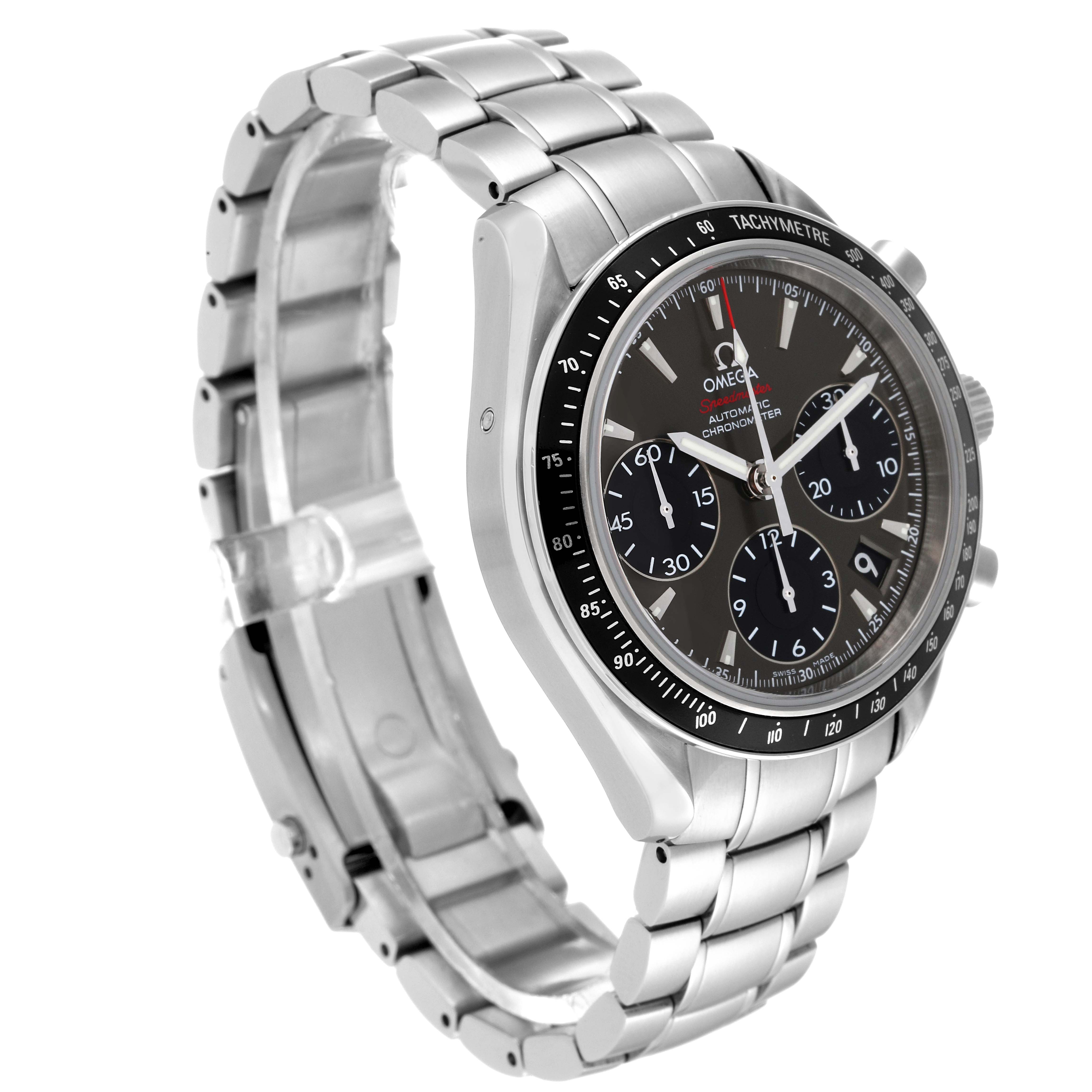 The Omega Speedmaster 323.30.40.40.06.001 Men's Stainless Steel Grey Dial 323.30.40.40.06.001 Men's Stainless Steel Grey Dial watch is shown at a three-quarter angle, displaying the face, bezel, pushers, and bracelet.