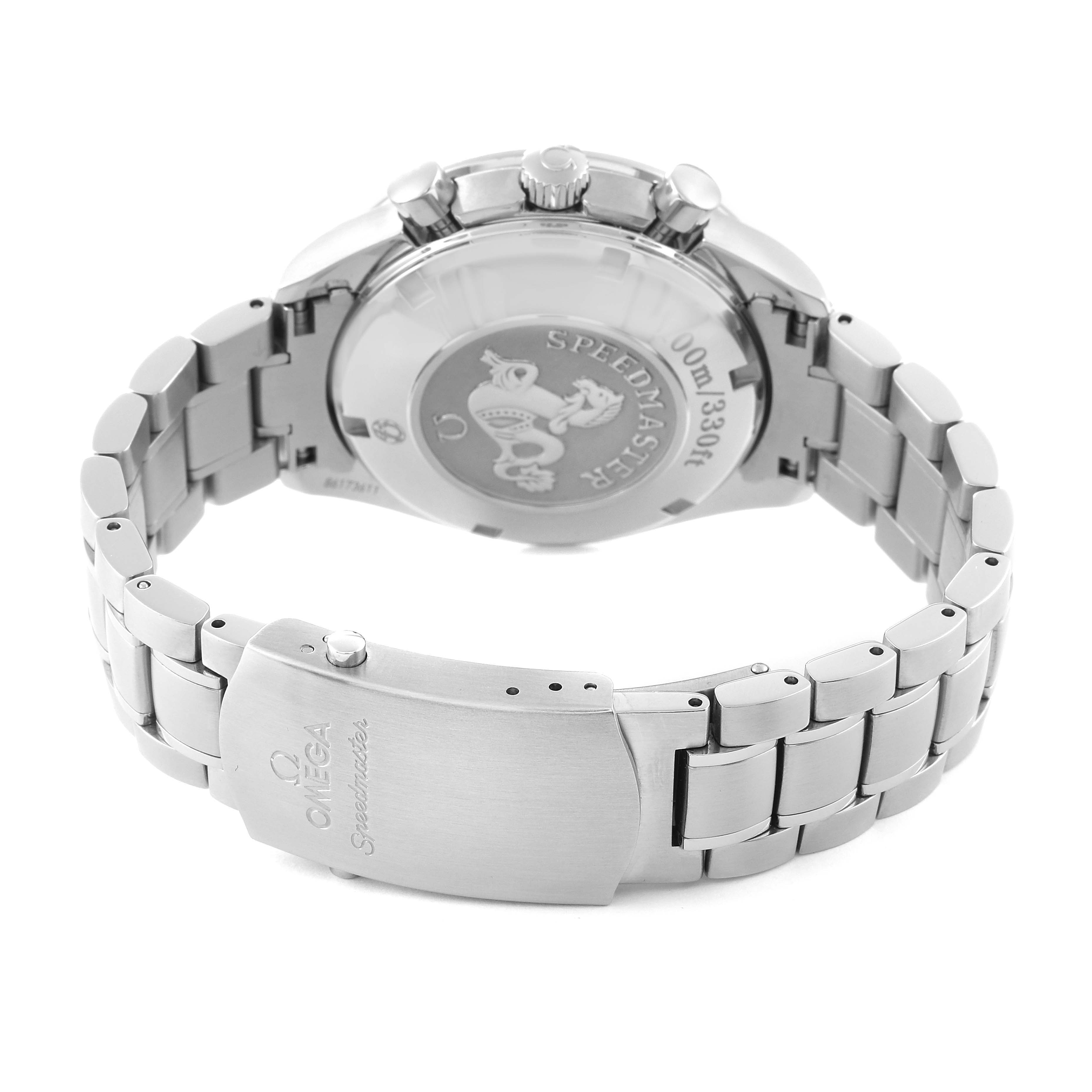 This image shows the back of the Omega Speedmaster 323.30.40.40.06.001 Men's Stainless Steel Grey Dial 323.30.40.40.06.001 Men's Stainless Steel Grey Dial watch, including its clasp, bracelet, and case back.
