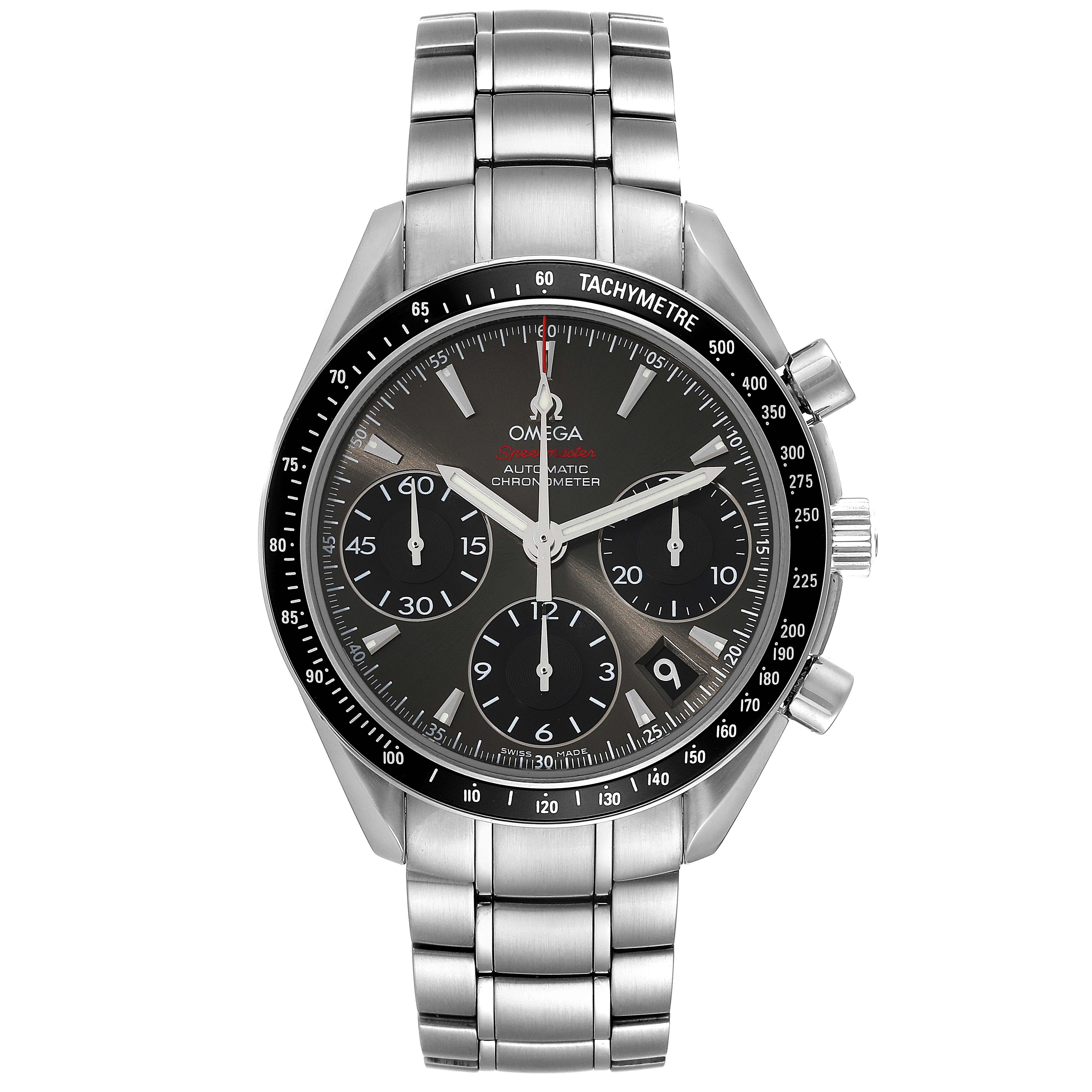 The image shows a front view of the Omega Speedmaster 323.30.40.40.06.001 Men's Stainless Steel Grey Dial 323.30.40.40.06.001 Men's Stainless Steel Grey Dial watch, displaying its stainless steel bracelet, chronograph dials, and tachymeter bezel.