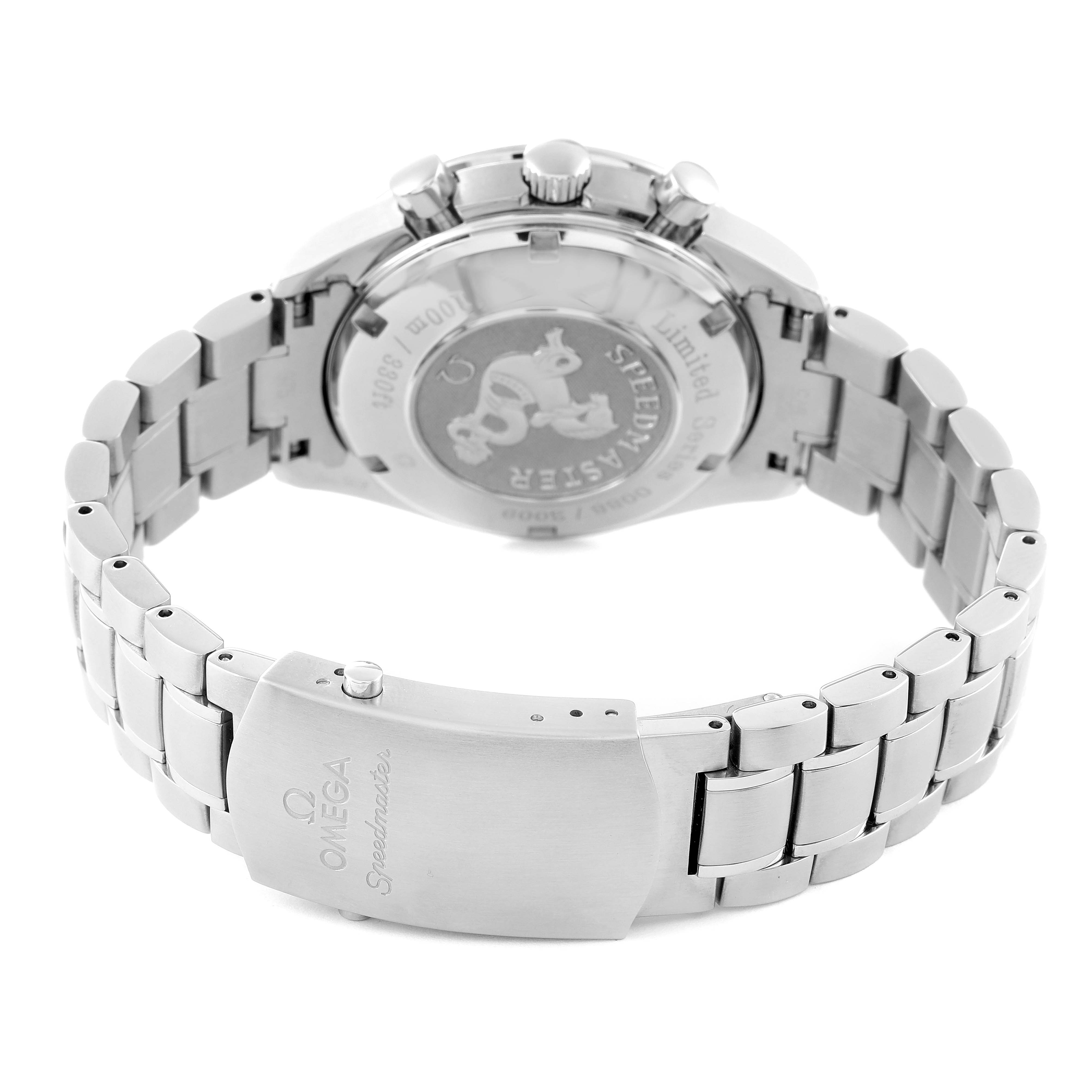 The image shows the rear view and clasp of an Omega Speedmaster 323.30.40.40.02.001 Men's Stainless Steel White Dial 323.30.40.40.02.001 Men's Stainless Steel White Dial watch, highlighting the bracelet and case back.