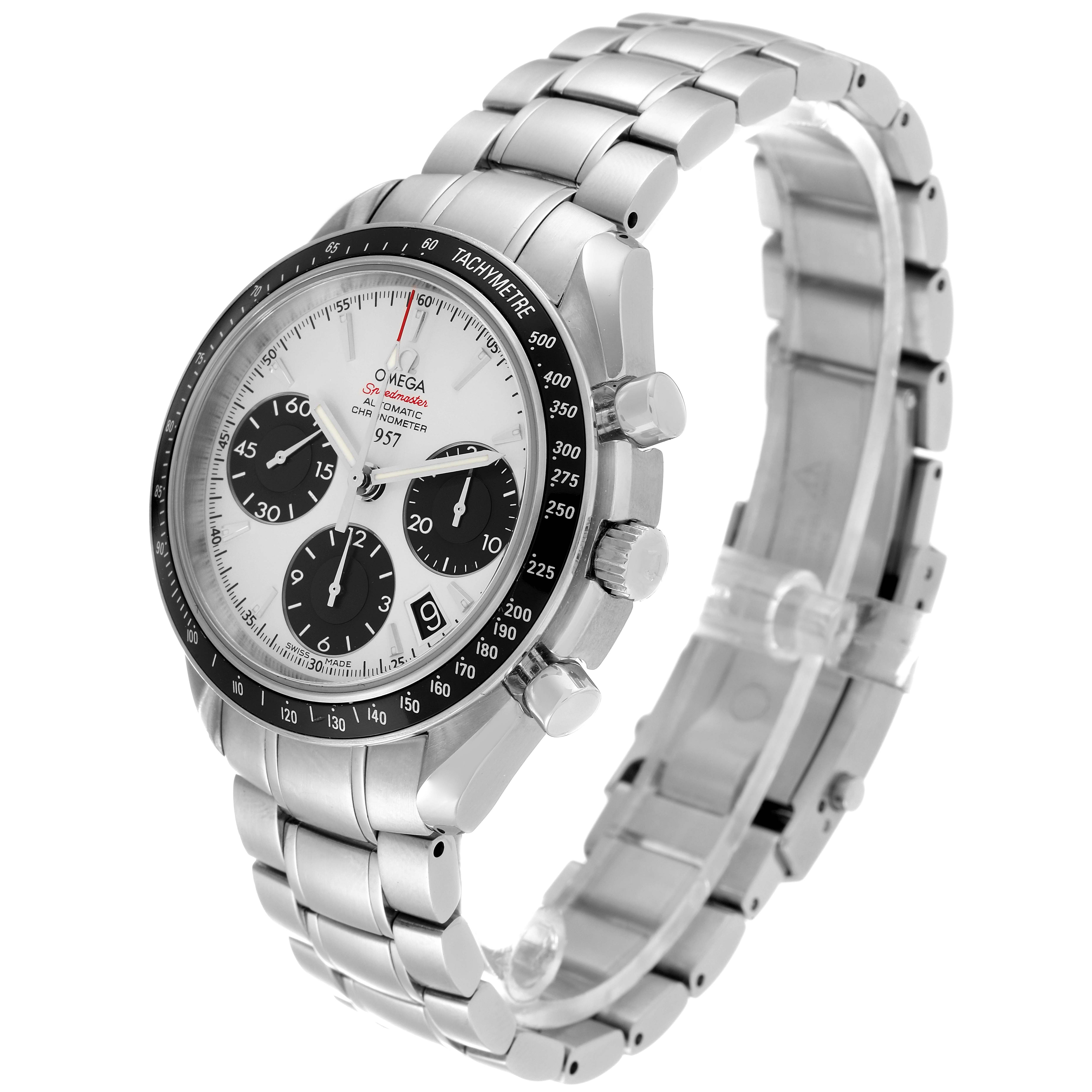 This Omega Speedmaster 323.30.40.40.02.001 Men's Stainless Steel White Dial 323.30.40.40.02.001 Men's Stainless Steel White Dial watch is shown at an angled side view, featuring the dial, tachymeter bezel, and metal bracelet.
