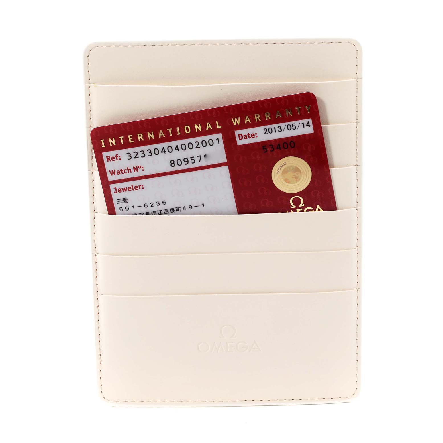 This image shows the warranty card and the card holder for the Omega Speedmaster 323.30.40.40.02.001 Men's Stainless Steel White Dial 323.30.40.40.02.001 Men's Stainless Steel White Dial watch model, viewed from the front.