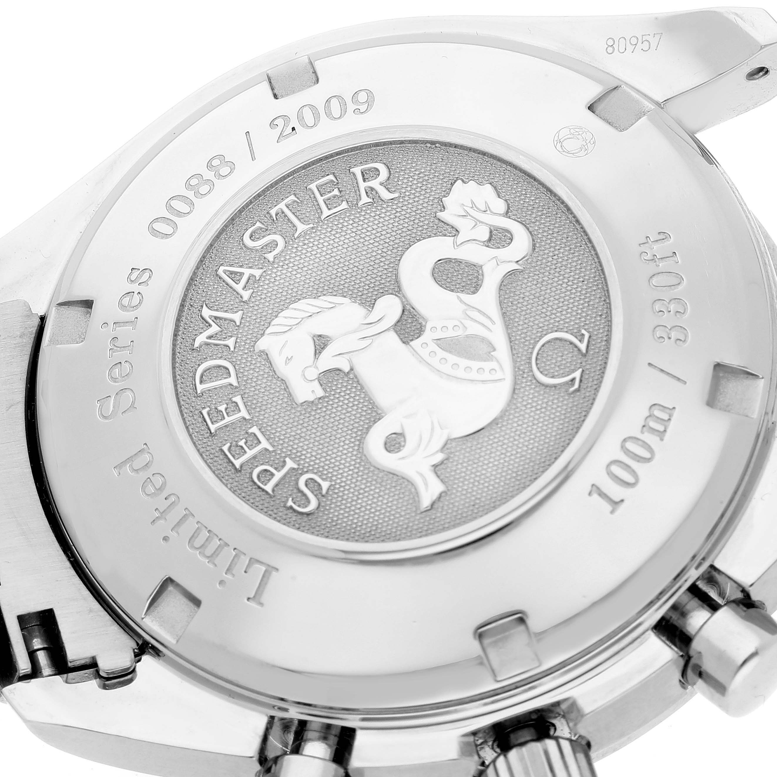 This image shows the case back of an Omega Speedmaster 323.30.40.40.02.001 Men's Stainless Steel White Dial 323.30.40.40.02.001 Men's Stainless Steel White Dial watch, featuring "Limited Series 0088/2009" and other details engraved.