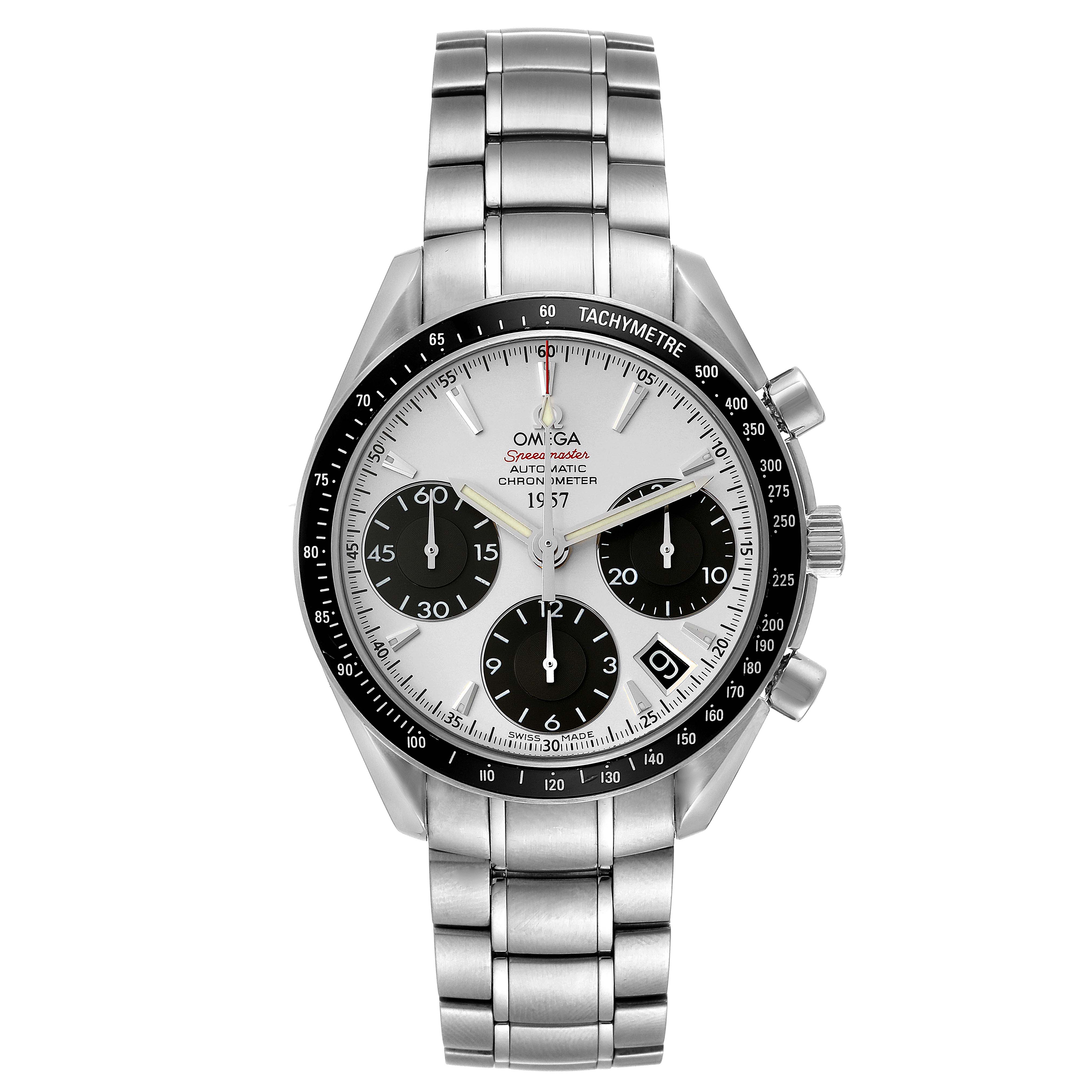 The image shows a front view of an Omega Speedmaster 323.30.40.40.02.001 Men's Stainless Steel White Dial 323.30.40.40.02.001 Men's Stainless Steel White Dial watch, featuring its dial, bezel, chronograph subdials, and stainless steel bracelet.