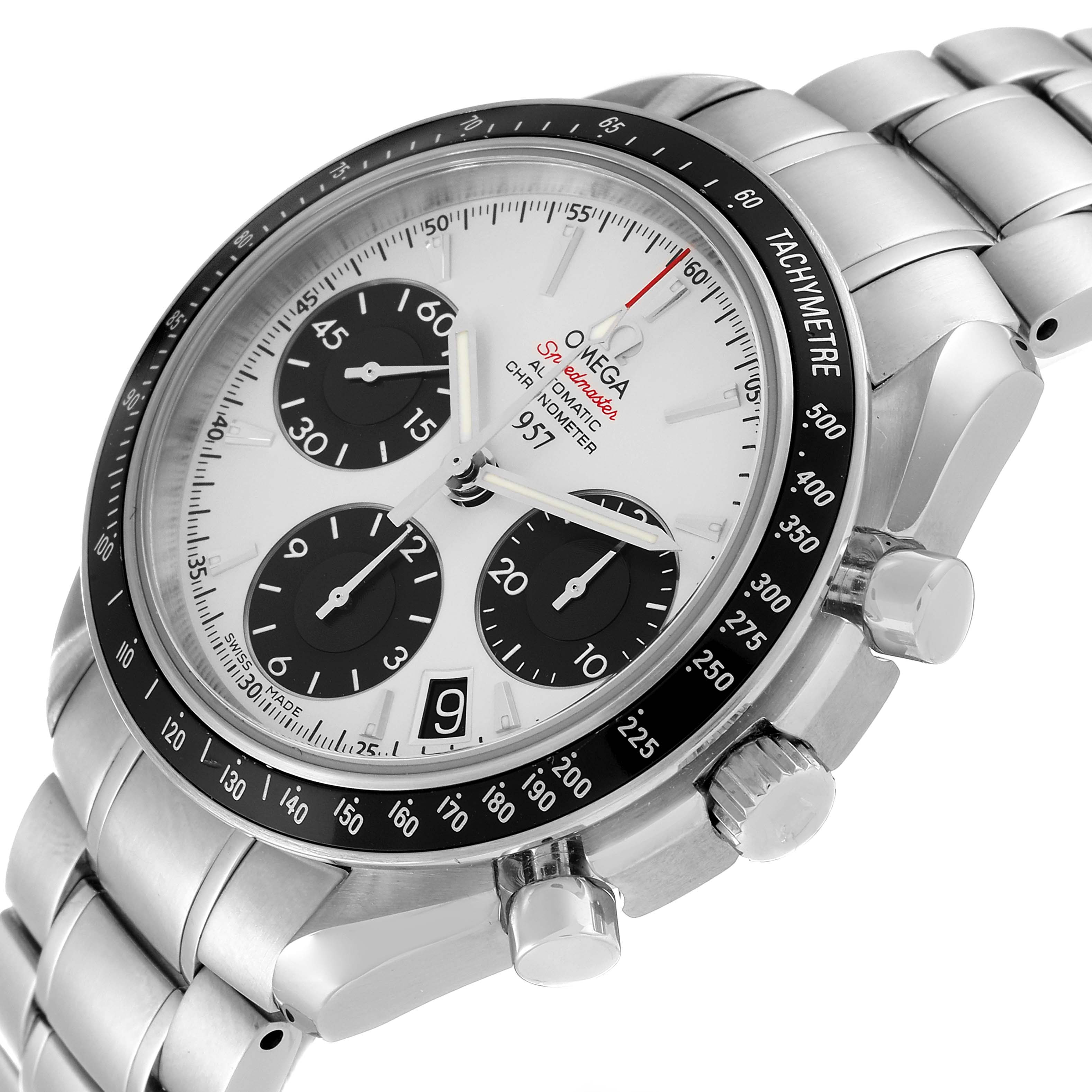 The image shows an Omega Speedmaster 323.30.40.40.02.001 Men's Stainless Steel White Dial 323.30.40.40.02.001 Men's Stainless Steel White Dial watch at an angled view, highlighting the dial, subdials, tachymeter bezel, and stainless steel bracelet.