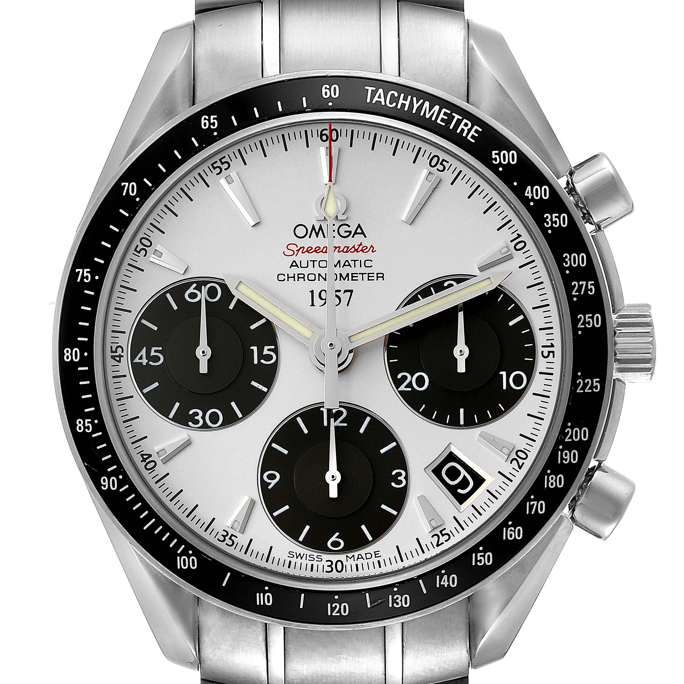 This image shows a frontal view of the Omega Speedmaster 323.30.40.40.02.001 Men's Stainless Steel White Dial 323.30.40.40.02.001 Men's Stainless Steel White Dial watch, highlighting the tachymeter bezel, chronograph, and subdials.