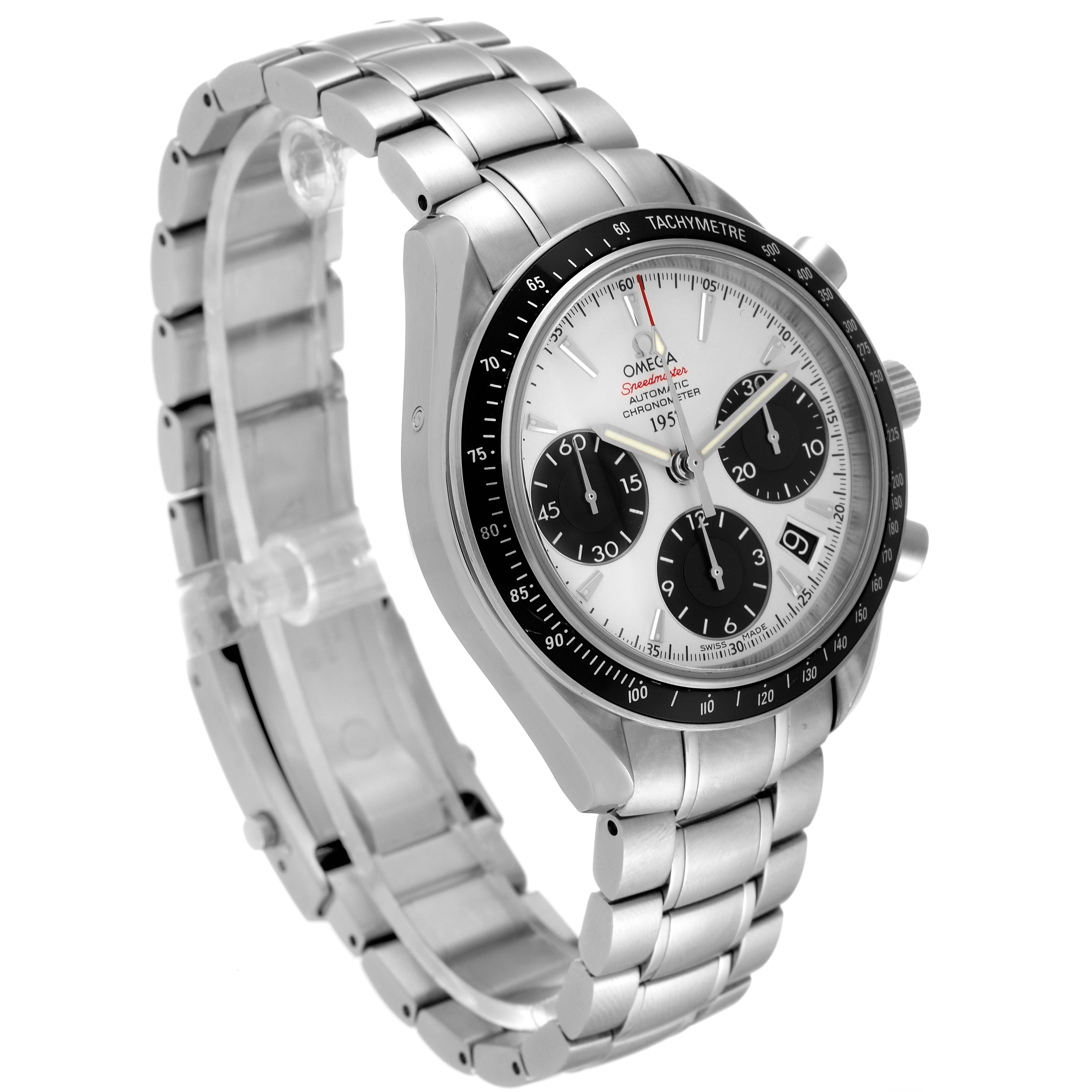 The image shows a side view of the Omega Speedmaster 323.30.40.40.02.001 Men's Stainless Steel White Dial 323.30.40.40.02.001 Men's Stainless Steel White Dial watch, highlighting its stainless steel bracelet, tachymeter bezel, and chronograph dials.