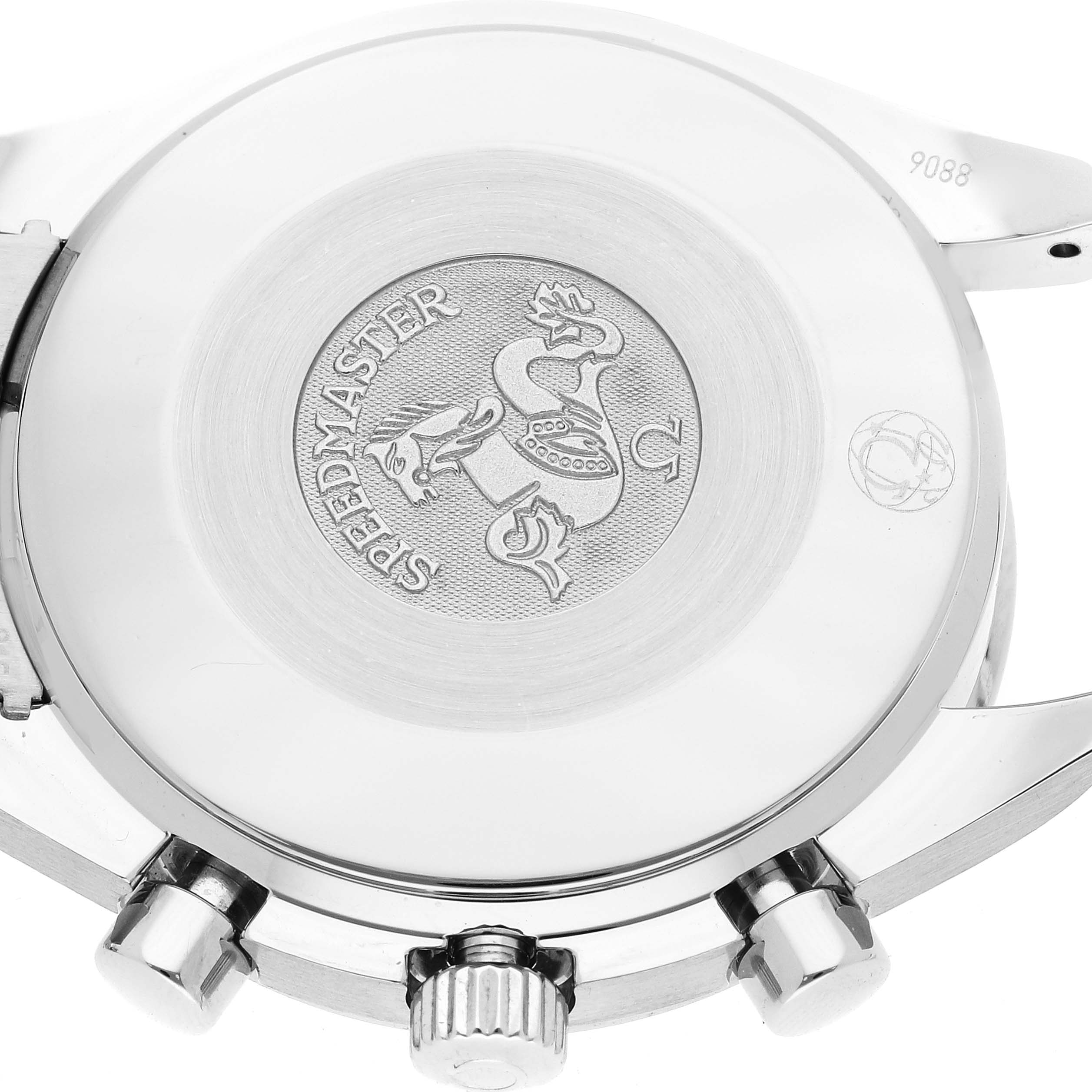 This image shows the case back of the Omega Speedmaster 3539.50.00 Men's Stainless Steel Black Dial 3539.50.00 Men's Stainless Steel Black Dial watch, including the pushers and crown.