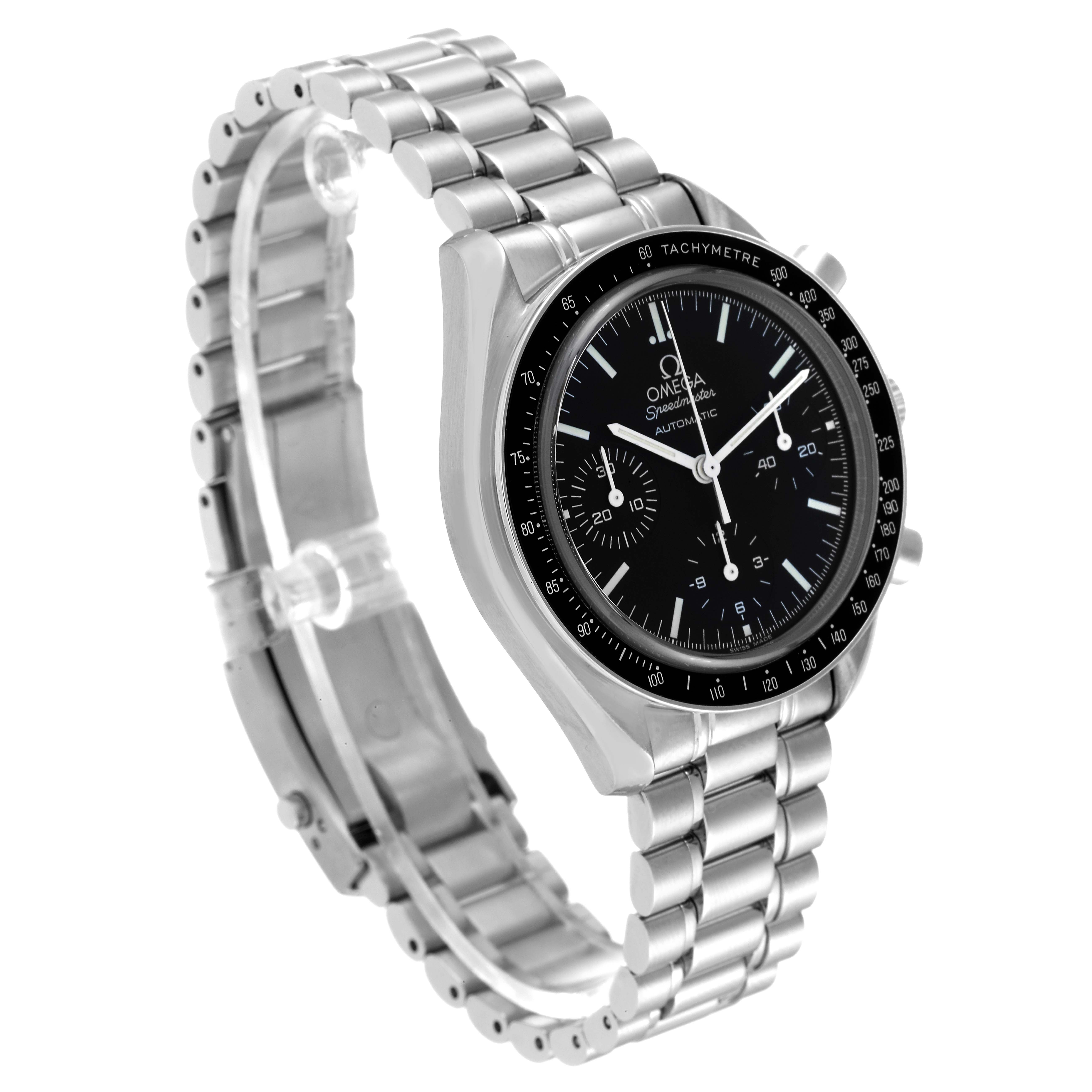 The image shows an angled view of the Omega Speedmaster 3539.50.00 Men's Stainless Steel Black Dial 3539.50.00 Men's Stainless Steel Black Dial watch, highlighting the watch face and stainless steel bracelet.