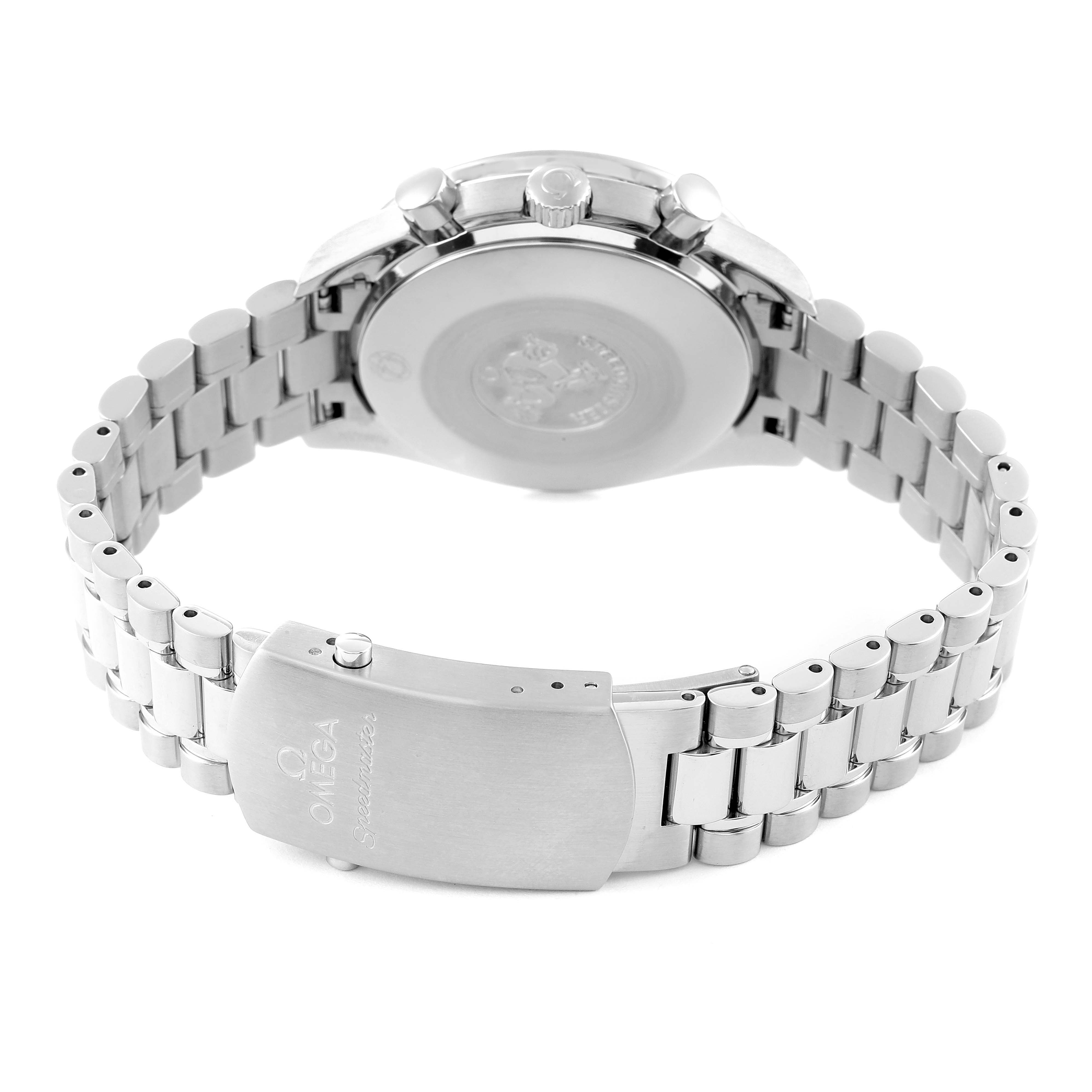 The image shows the back and bracelet of an Omega Speedmaster 3539.50.00 Men's Stainless Steel Black Dial 3539.50.00 Men's Stainless Steel Black Dial watch, including the clasp with engraved branding.