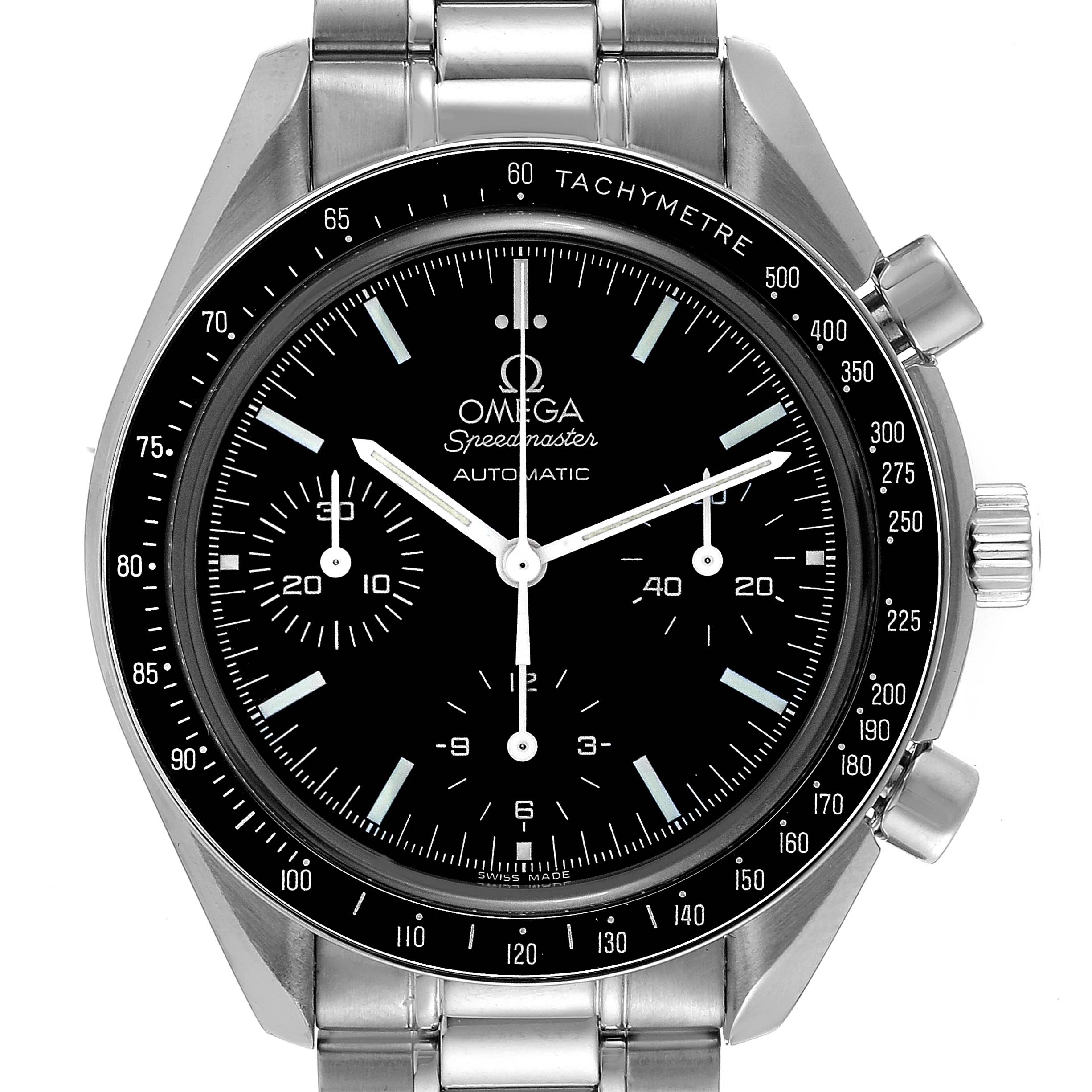 The Omega Speedmaster 3539.50.00 Men's Stainless Steel Black Dial 3539.50.00 Men's Stainless Steel Black Dial watch is shown from the front, highlighting the dial, tachymeter bezel, and metal bracelet.