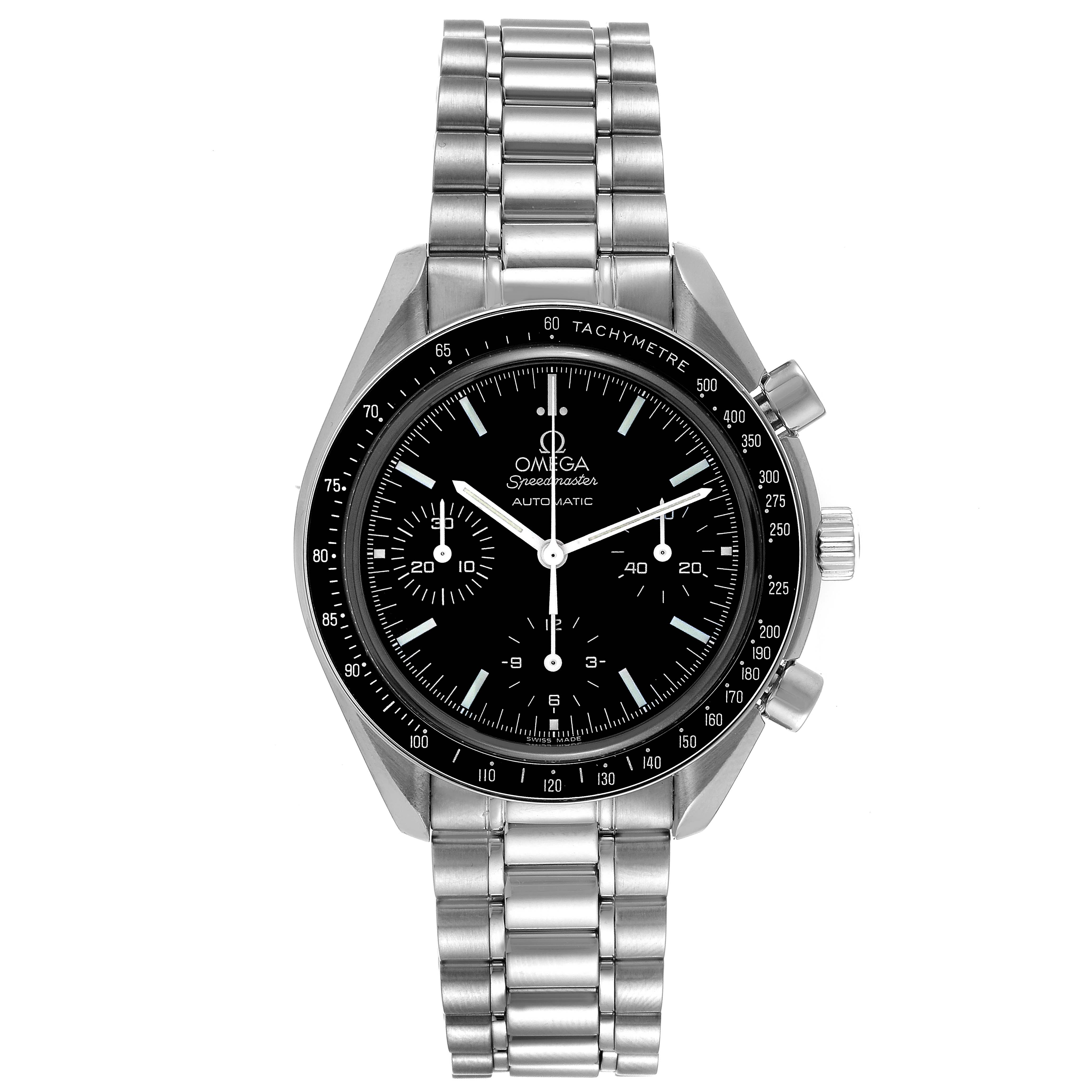 The image shows a front view of an Omega Speedmaster 3539.50.00 Men's Stainless Steel Black Dial 3539.50.00 Men's Stainless Steel Black Dial watch with a stainless steel bracelet and black dial.