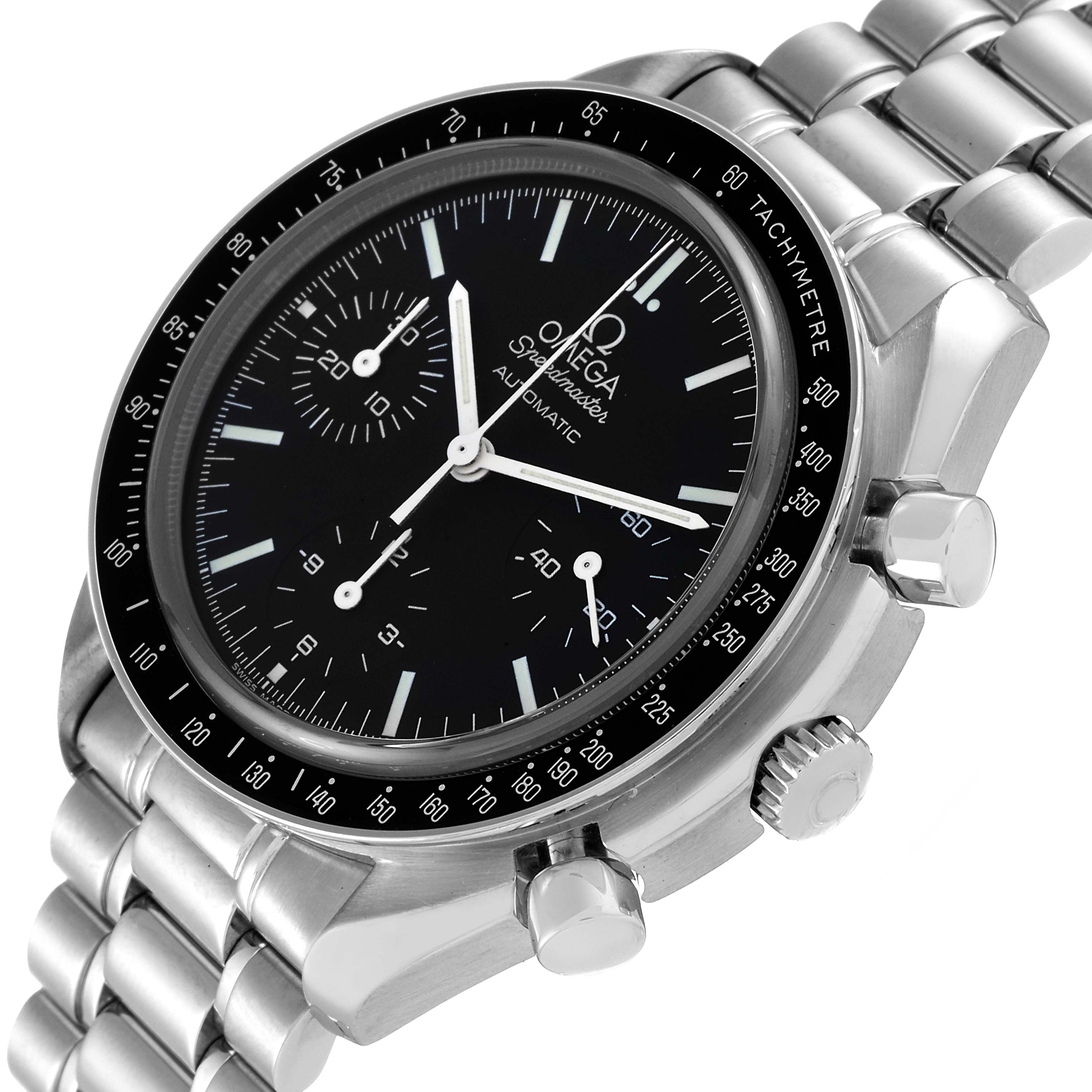 This image shows an Omega Speedmaster 3539.50.00 Men's Stainless Steel Black Dial 3539.50.00 Men's Stainless Steel Black Dial watch at a slight angle highlighting its dial, bezel, bracelet, and pushers.