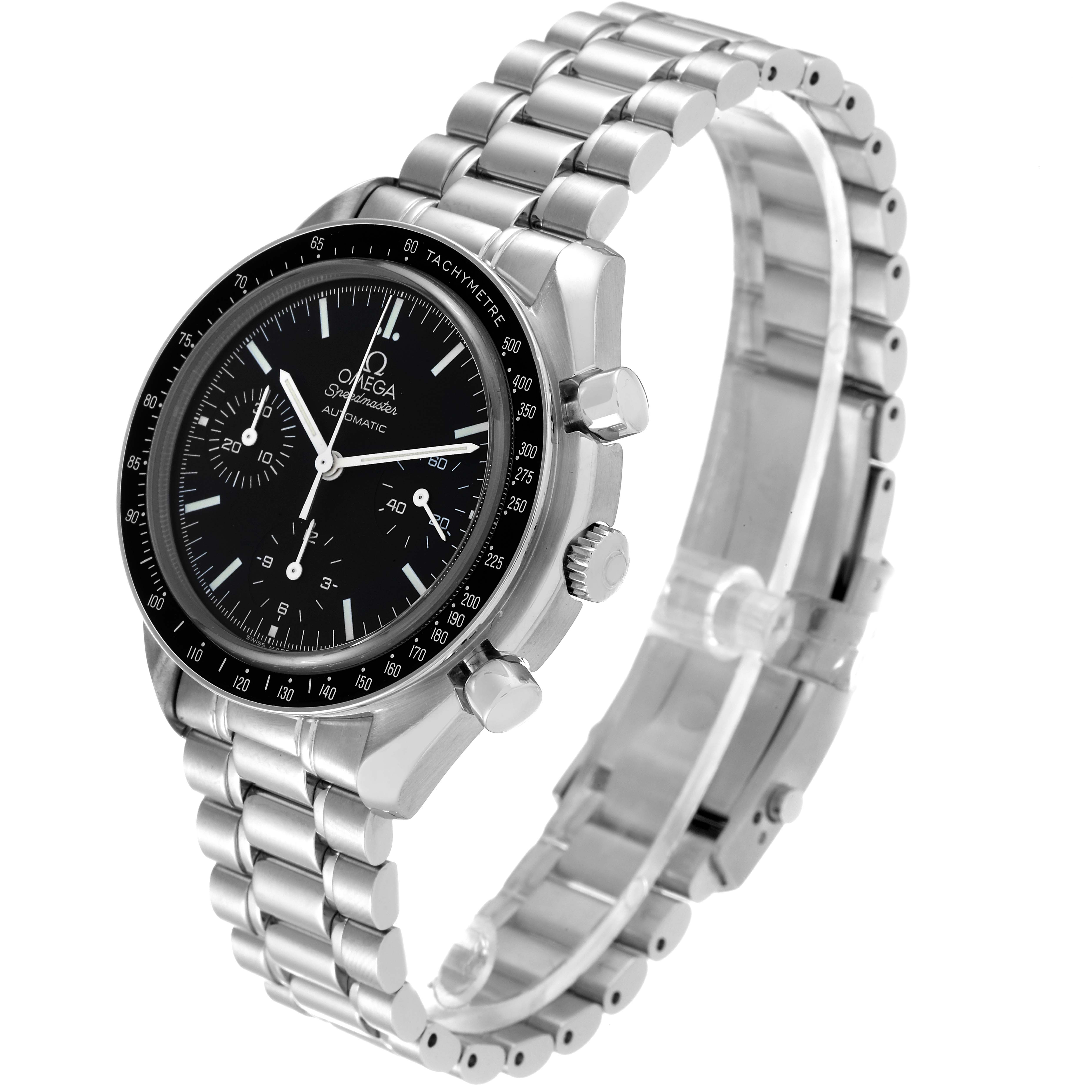 The image shows a side angle of an Omega Speedmaster 3539.50.00 Men's Stainless Steel Black Dial 3539.50.00 Men's Stainless Steel Black Dial watch, highlighting its face, bezel, pushers, and metal bracelet.
