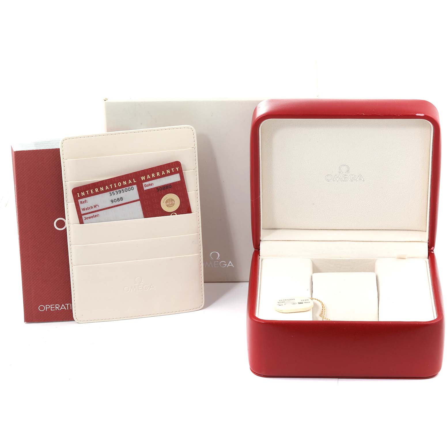 The image shows the packaging, including the warranty card, case, and manual for an Omega Speedmaster 3539.50.00 Men's Stainless Steel Black Dial 3539.50.00 Men's Stainless Steel Black Dial.