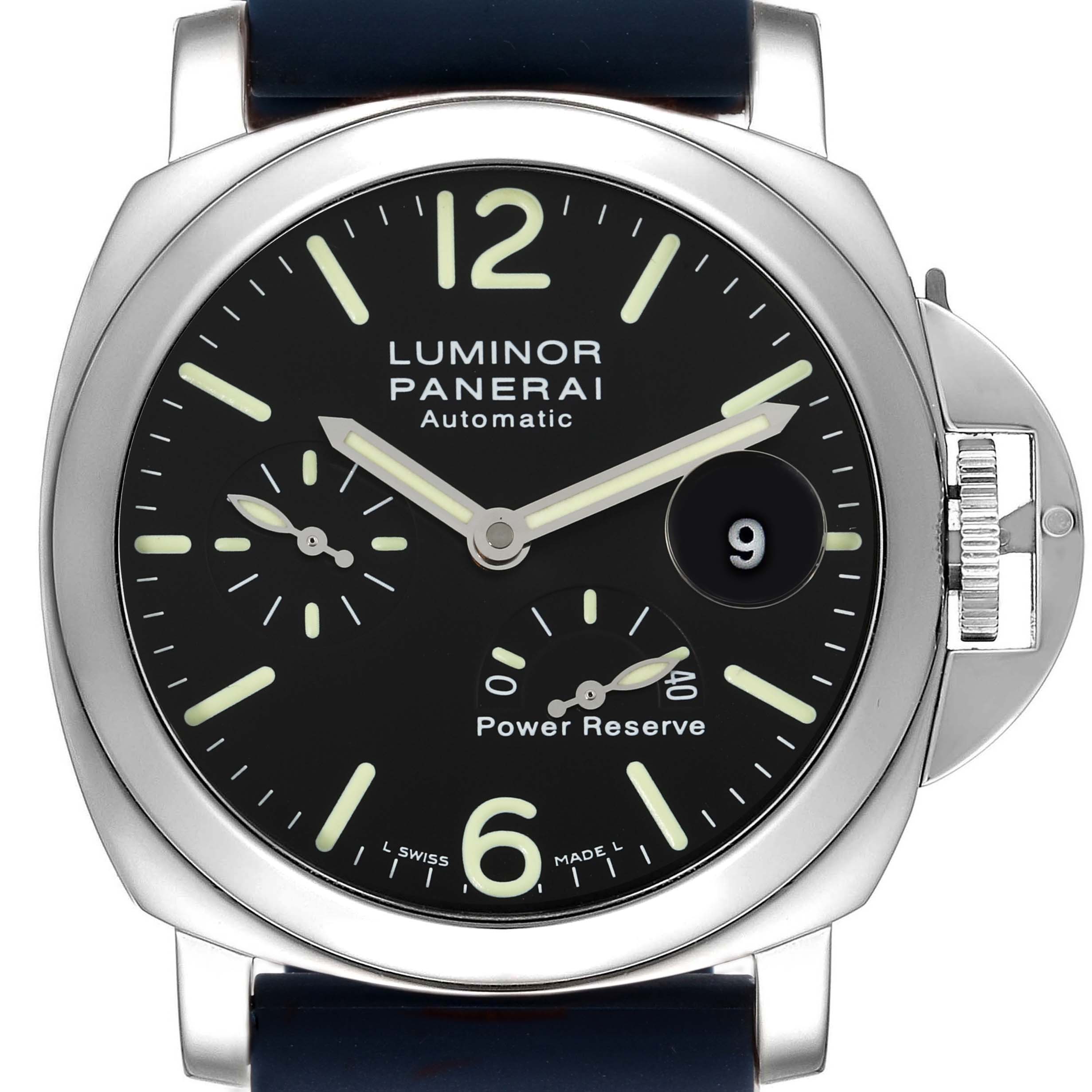 This image shows a front view of a Panerai Luminor PAM00090 Men's Stainless Steel Black Dial PAM00090 Men's Stainless Steel Black Dial model watch, displaying its dial, hands, and crown guard.