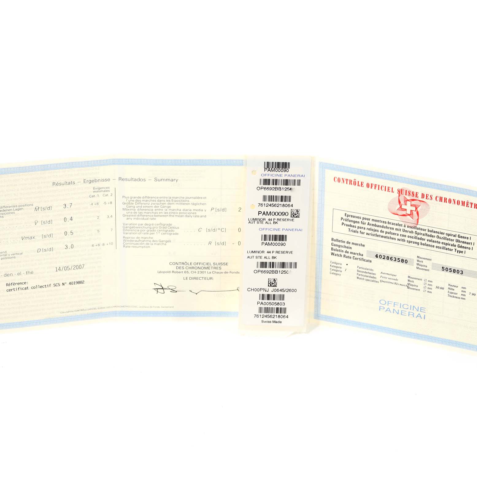 The image shows documentation and certification for the Luminor model by Panerai.
