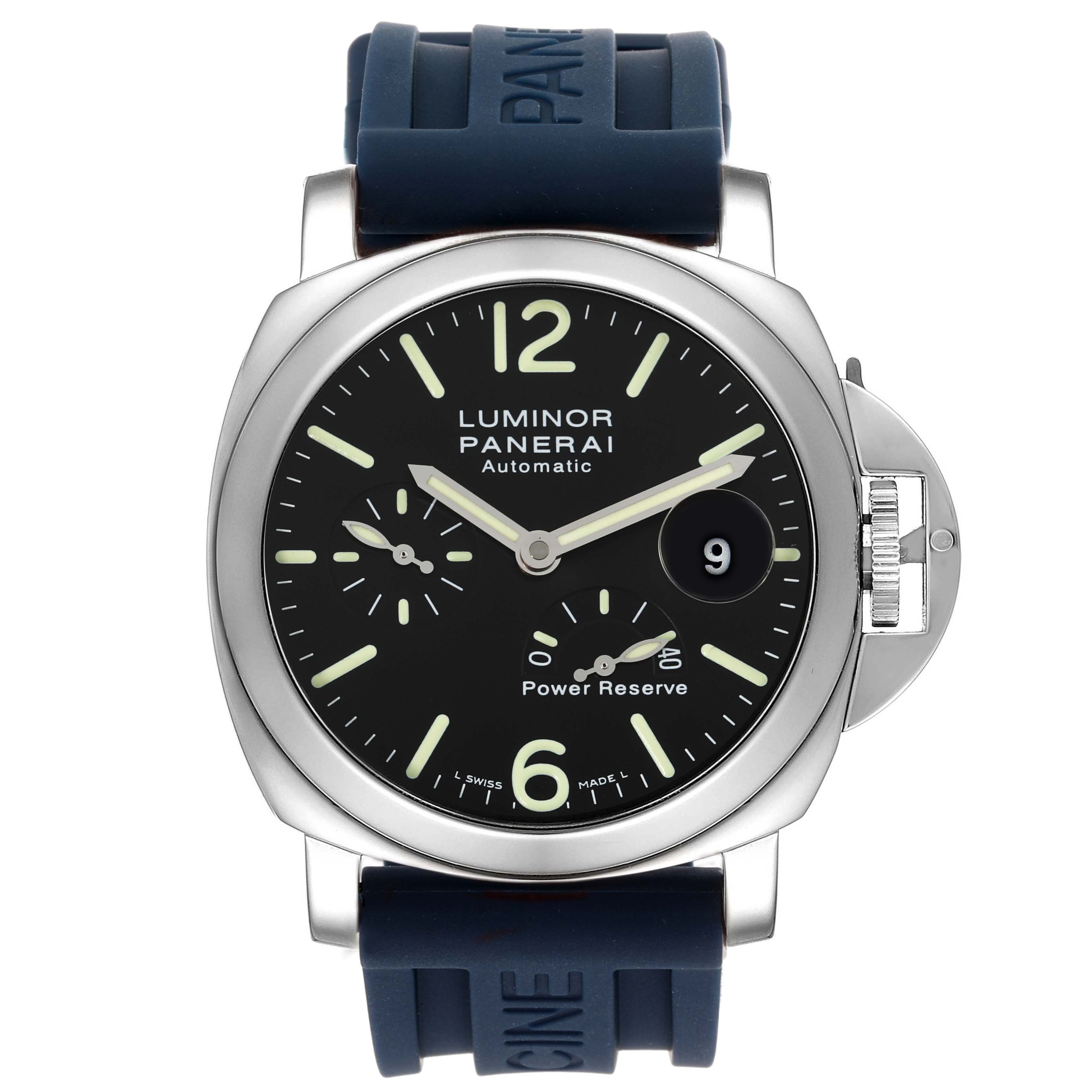 The Panerai Luminor PAM00090 Men's Stainless Steel Black Dial PAM00090 Men's Stainless Steel Black Dial watch is shown from a front angle, displaying the dial, markers, hands, and a blue strap with 'Panerai.'