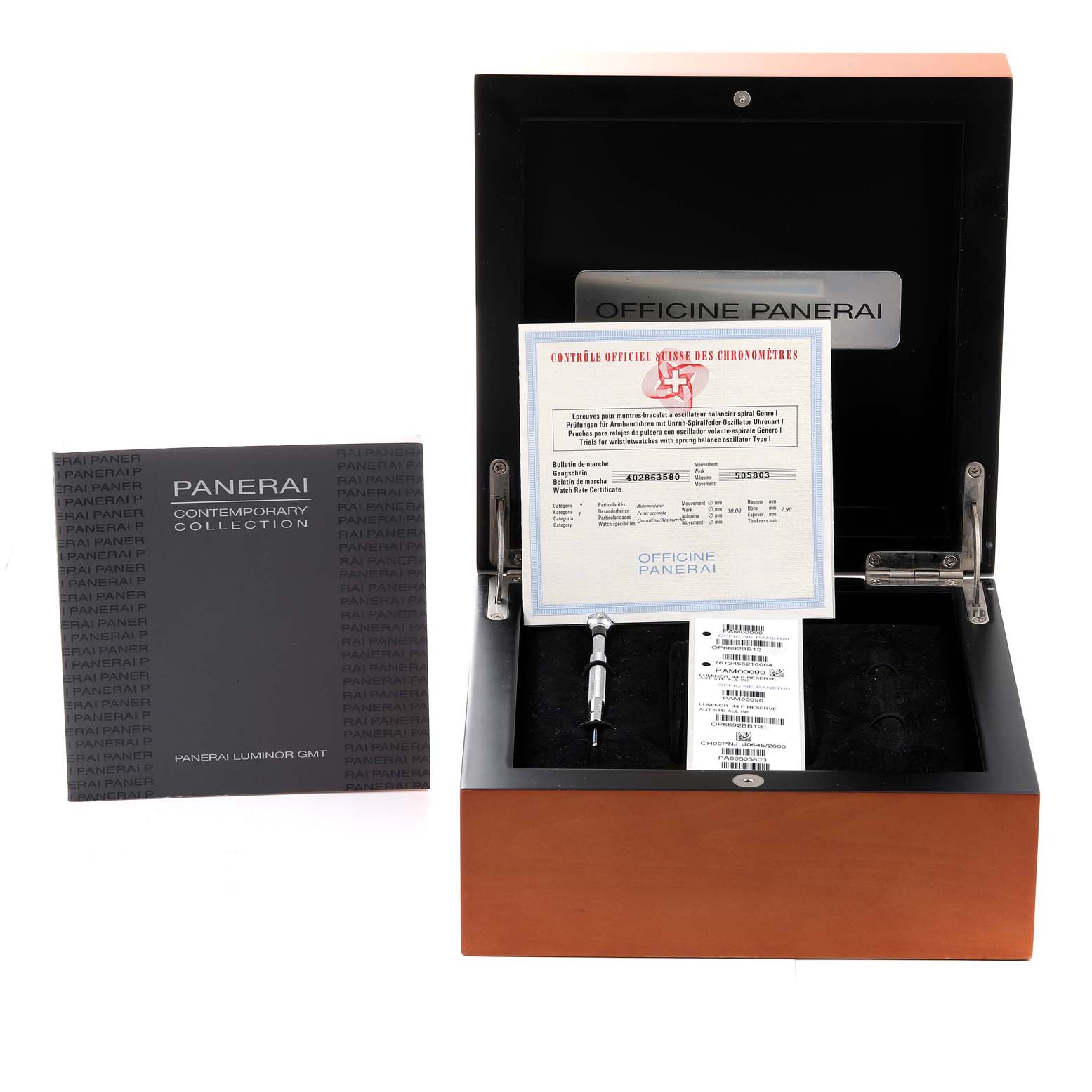 The image shows a Panerai Luminor PAM00090 Men's Stainless Steel Black Dial PAM00090 Men's Stainless Steel Black Dial model watch box and accessories, including a certificate and a tool, from a front angle.