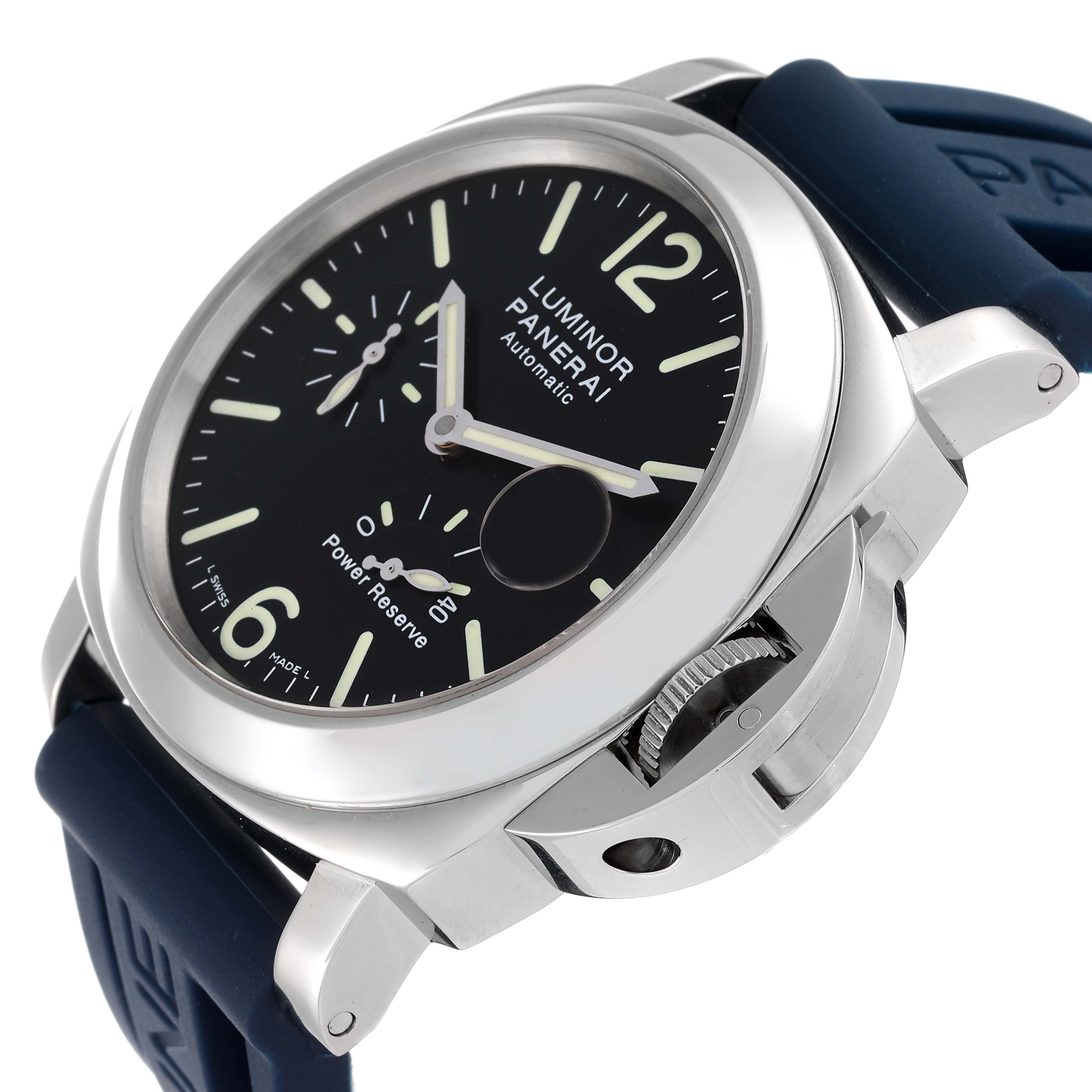 The image shows a side-slightly-angled view of a Panerai Luminor PAM00090 Men's Stainless Steel Black Dial PAM00090 Men's Stainless Steel Black Dial watch, highlighting the dial, case, crown guard, and strap.