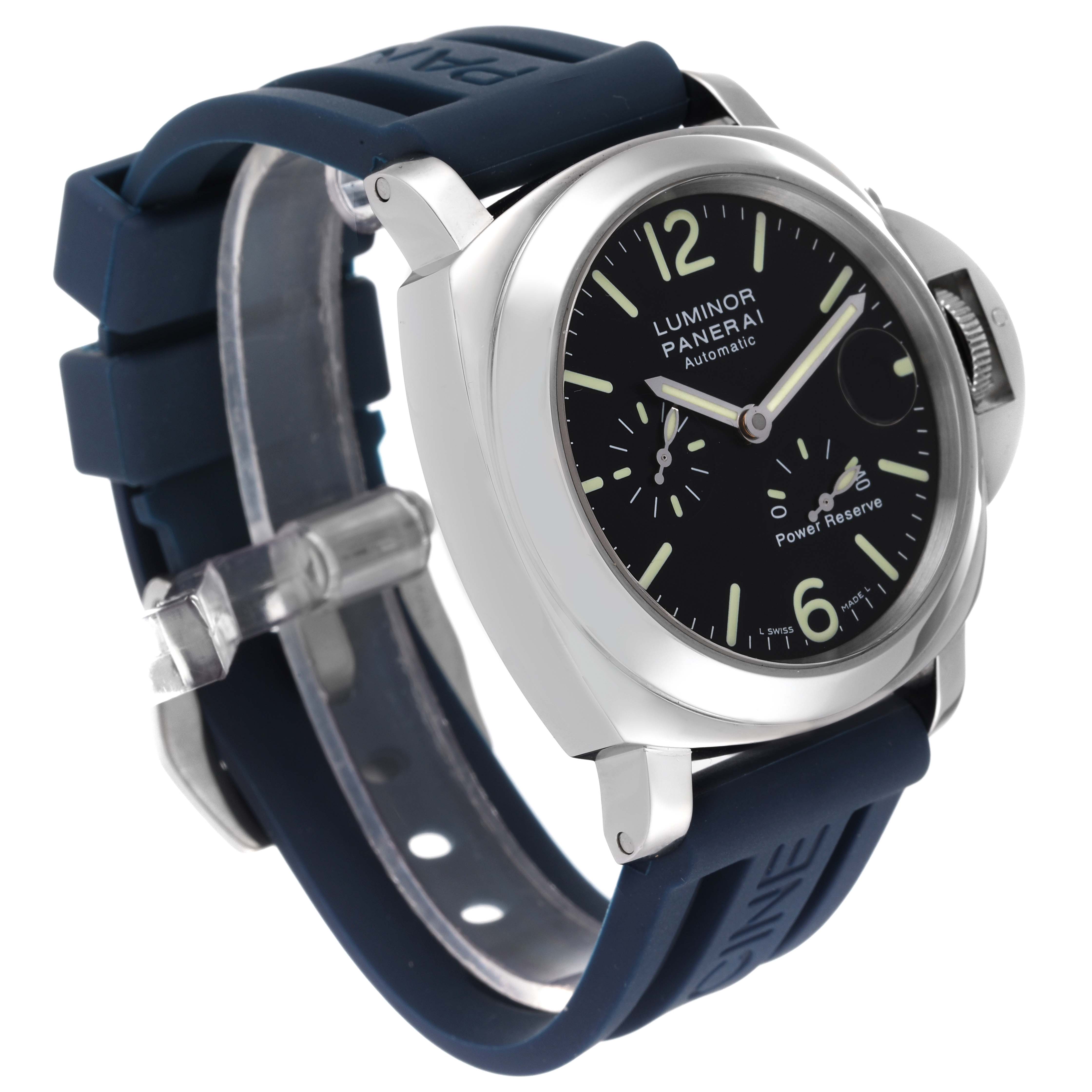 The image shows a Panerai Luminor PAM00090 Men's Stainless Steel Black Dial PAM00090 Men's Stainless Steel Black Dial watch from a front-side angle, highlighting its dial, bezel, and strap.
