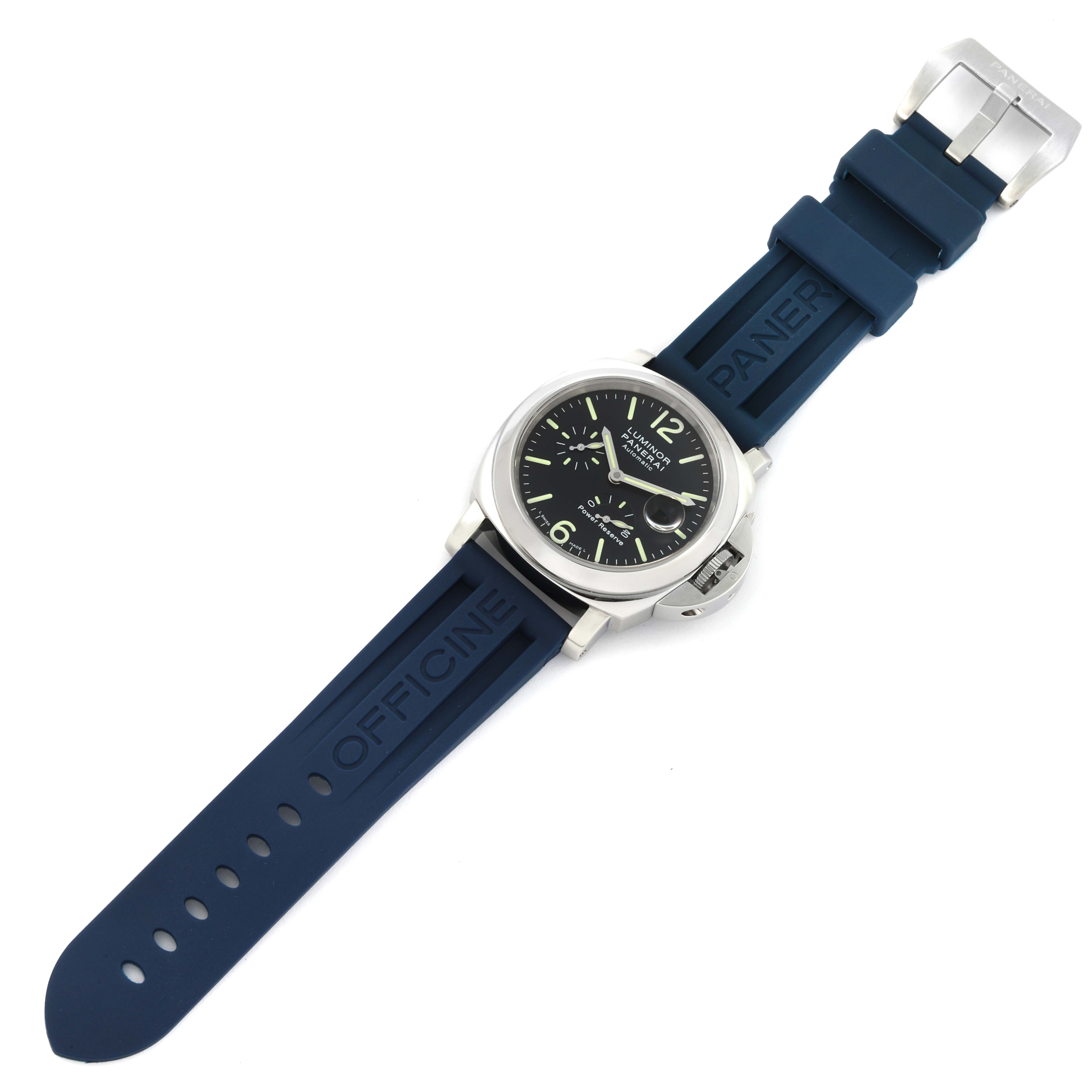 The image shows a top-down view of a Panerai Luminor PAM00090 Men's Stainless Steel Black Dial PAM00090 Men's Stainless Steel Black Dial watch featuring a blue rubber strap and black dial.