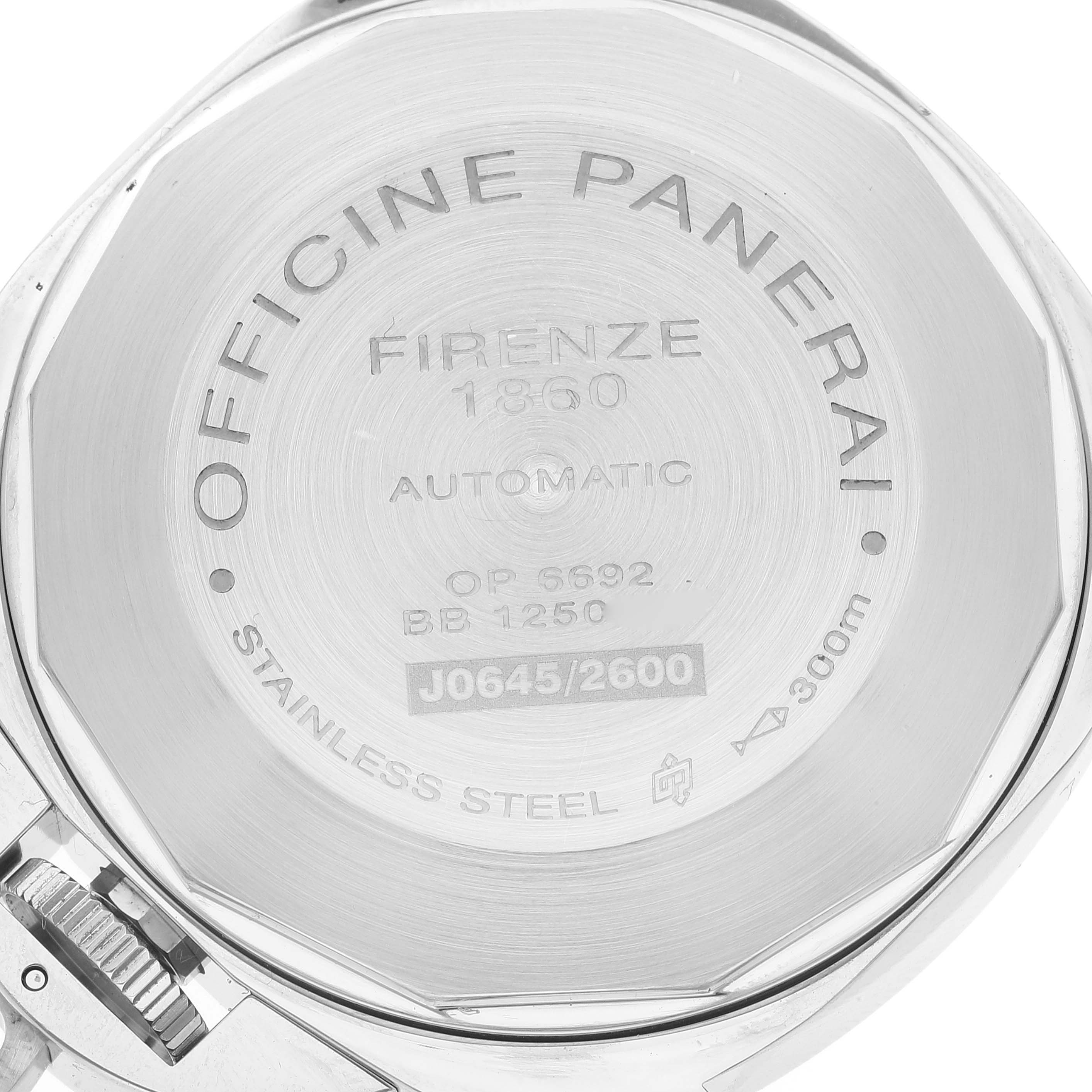 This is the back view of a Panerai Luminor PAM00090 Men's Stainless Steel Black Dial PAM00090 Men's Stainless Steel Black Dial watch showing its engravings and stainless steel case.