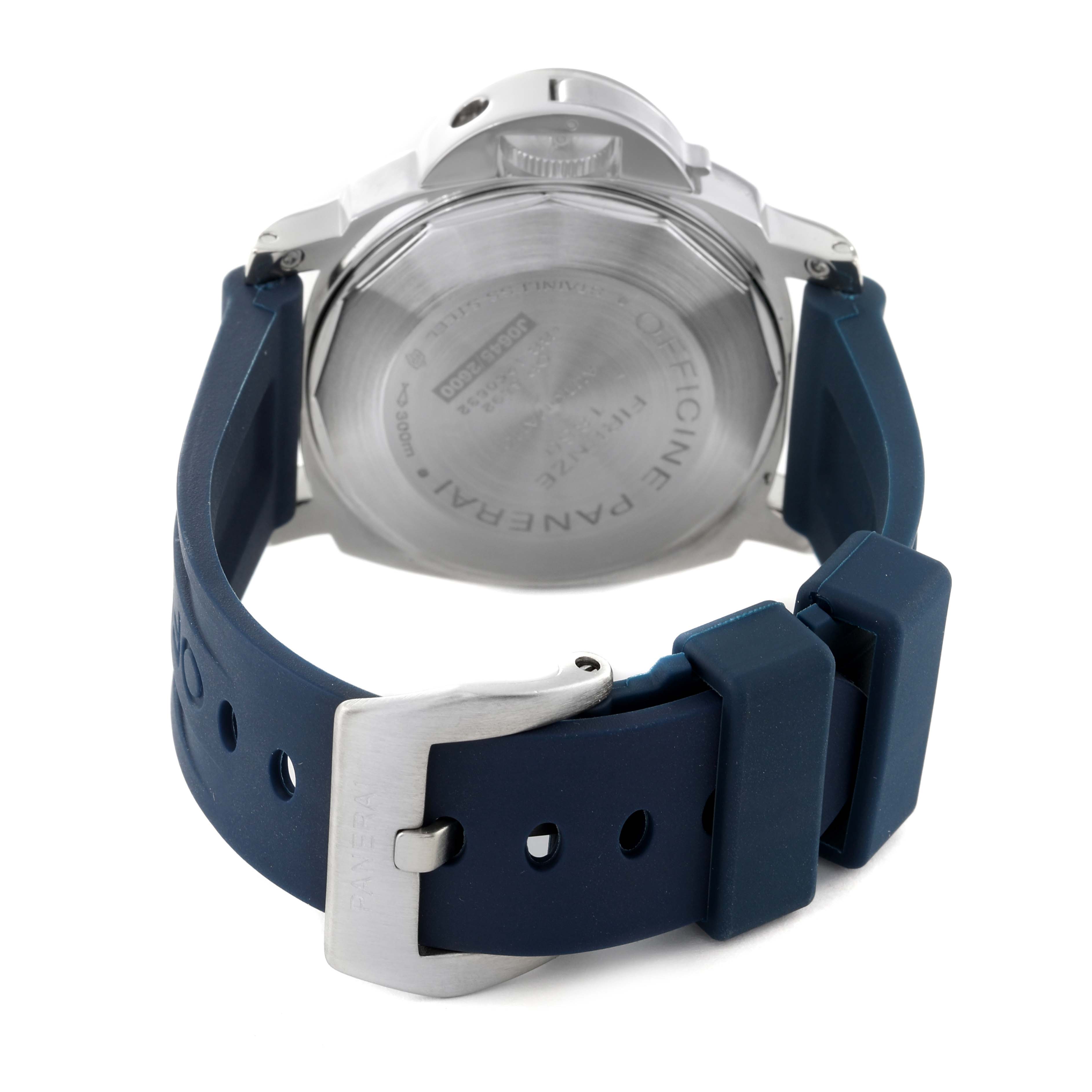 The image shows the back and clasp of a Panerai Luminor PAM00090 Men's Stainless Steel Black Dial PAM00090 Men's Stainless Steel Black Dial watch with a blue strap.