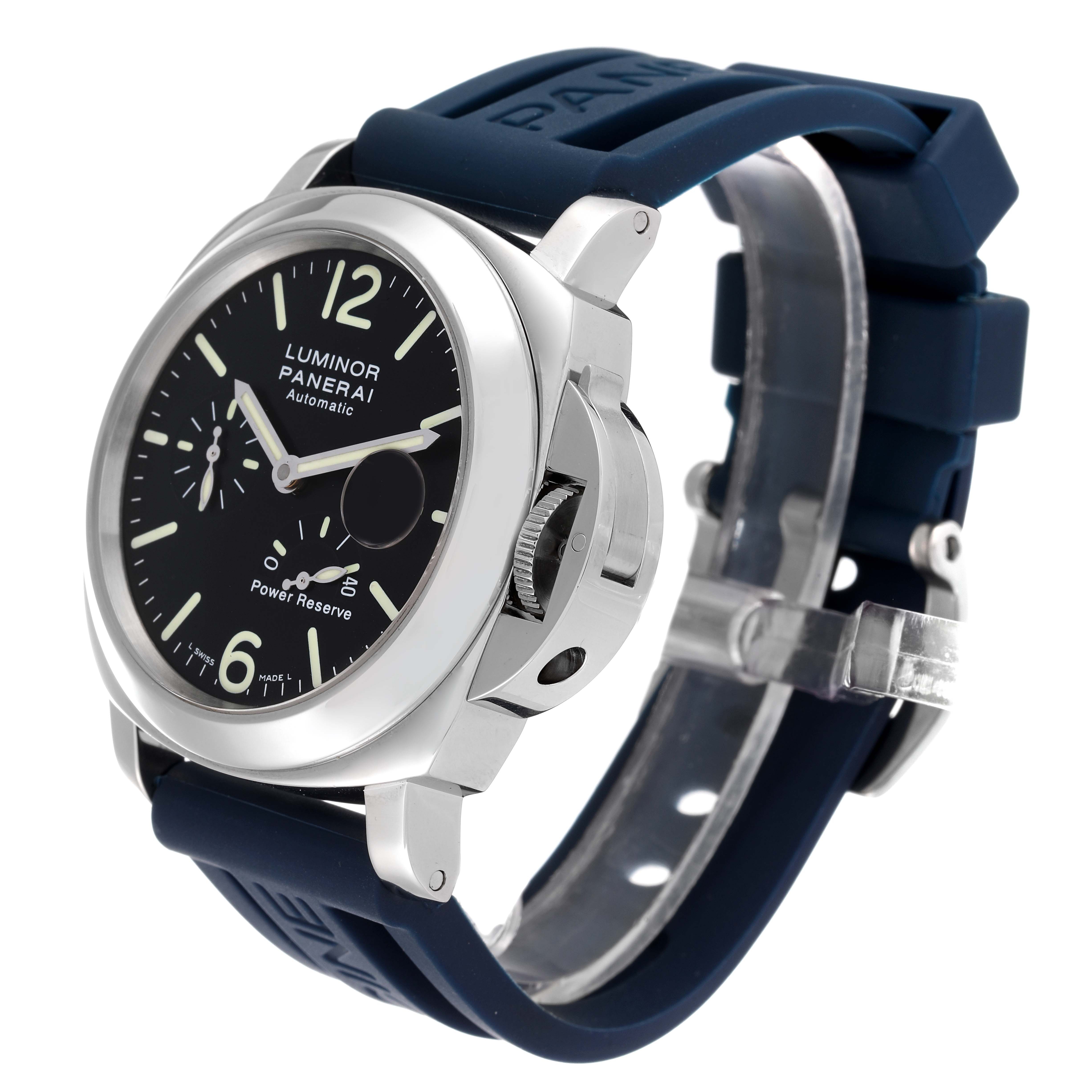 The Panerai Luminor PAM00090 Men's Stainless Steel Black Dial PAM00090 Men's Stainless Steel Black Dial watch is shown at a three-quarter angle, displaying the dial, crown guard, and strap.