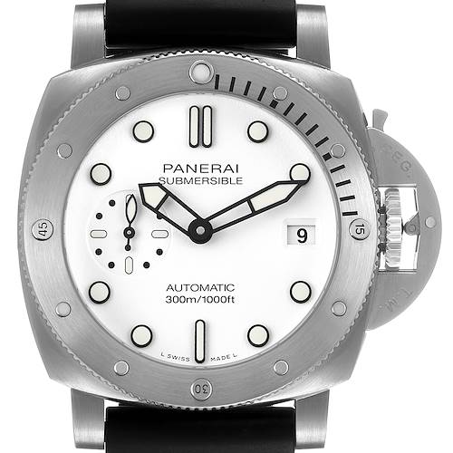 The image shows a front view of the Panerai Submersible PAM01590 Men's Stainless Steel Yellow Dial watch, highlighting the dial, bezel, and crown guard.