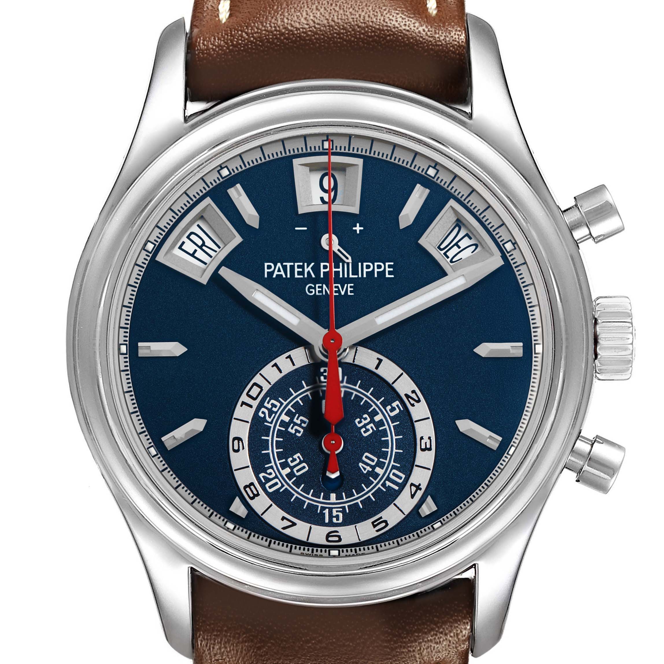 The Patek Philippe Complications 5960 Men's White Gold Blue Dial watch is shown from the front, highlighting its blue dial, day and month indicators, and chronograph features.
