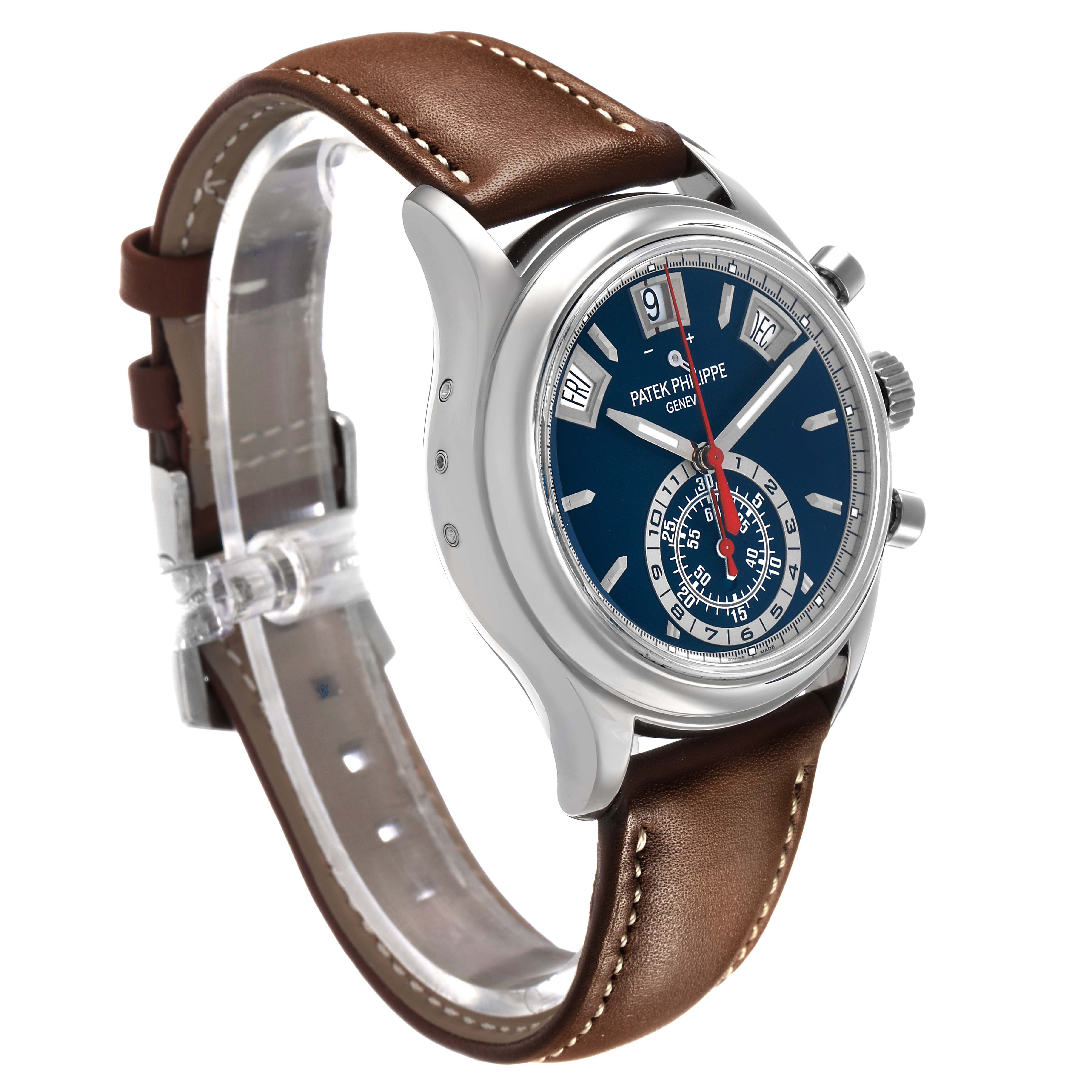 The Patek Philippe Complications 5960 Men's White Gold Blue Dial watch is shown from a three-quarter angle, highlighting the dial, side buttons, and brown leather strap.