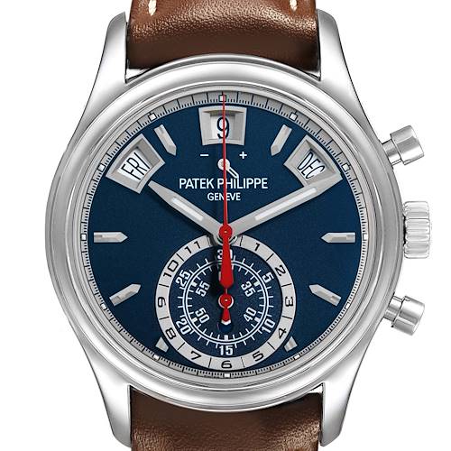 The Patek Philippe Complications 5960 Men's White Gold Blue Dial watch is shown from a front angle, displaying its blue dial, sub-dials, and brown leather strap.