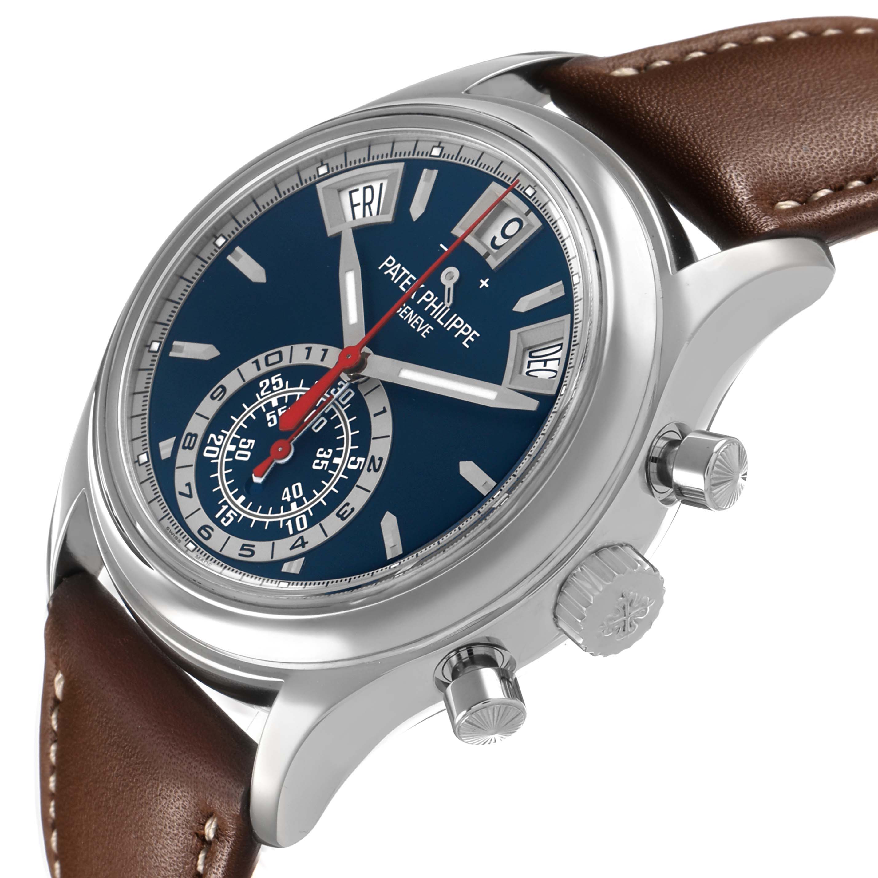 The image shows a Patek Philippe Complications 5960 Men's White Gold Blue Dial watch at an angled side view, highlighting the dial, crown, and pushers.