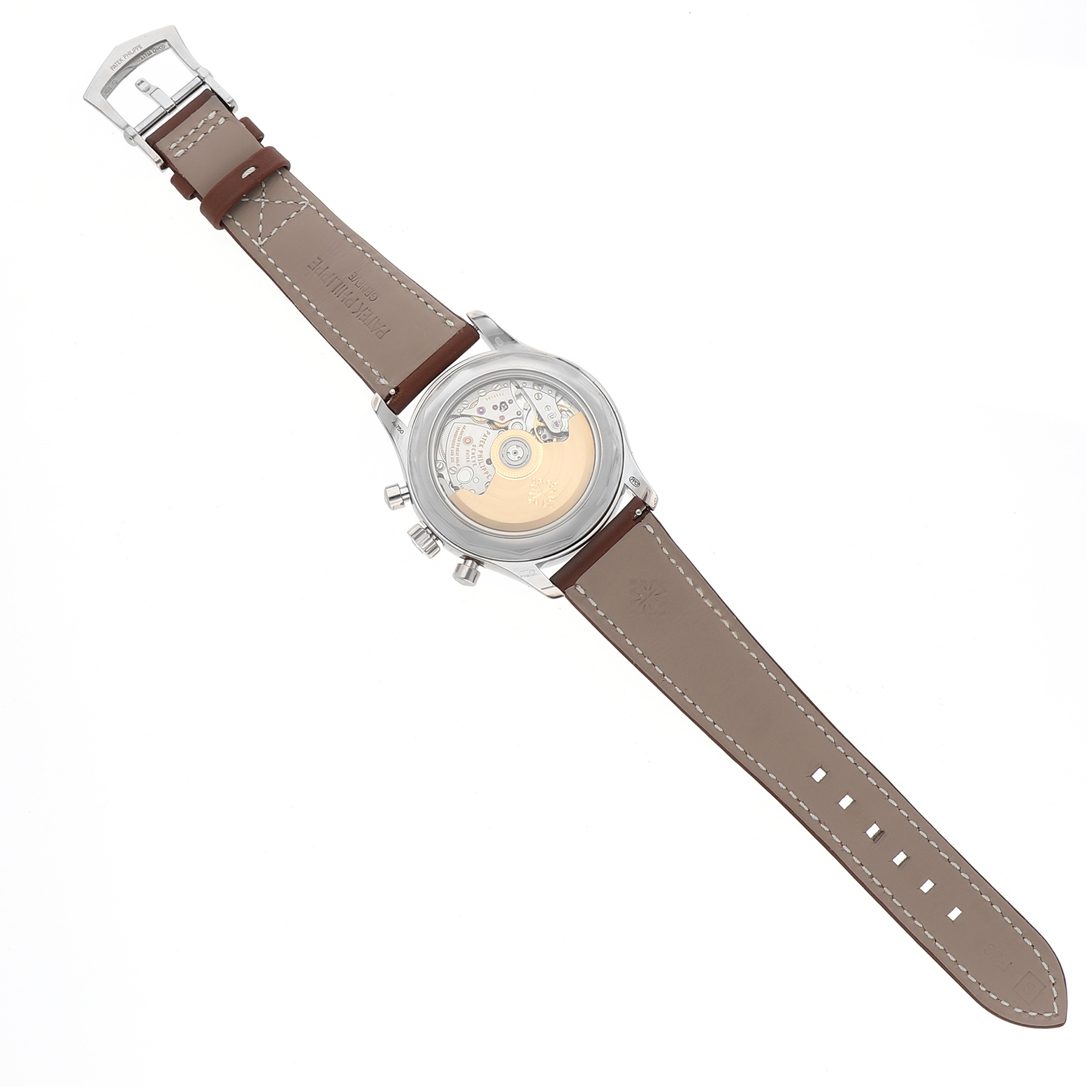 The image shows the back view of a Patek Philippe Complications 5960 Men's White Gold Blue Dial watch, highlighting the movement and leather strap details.