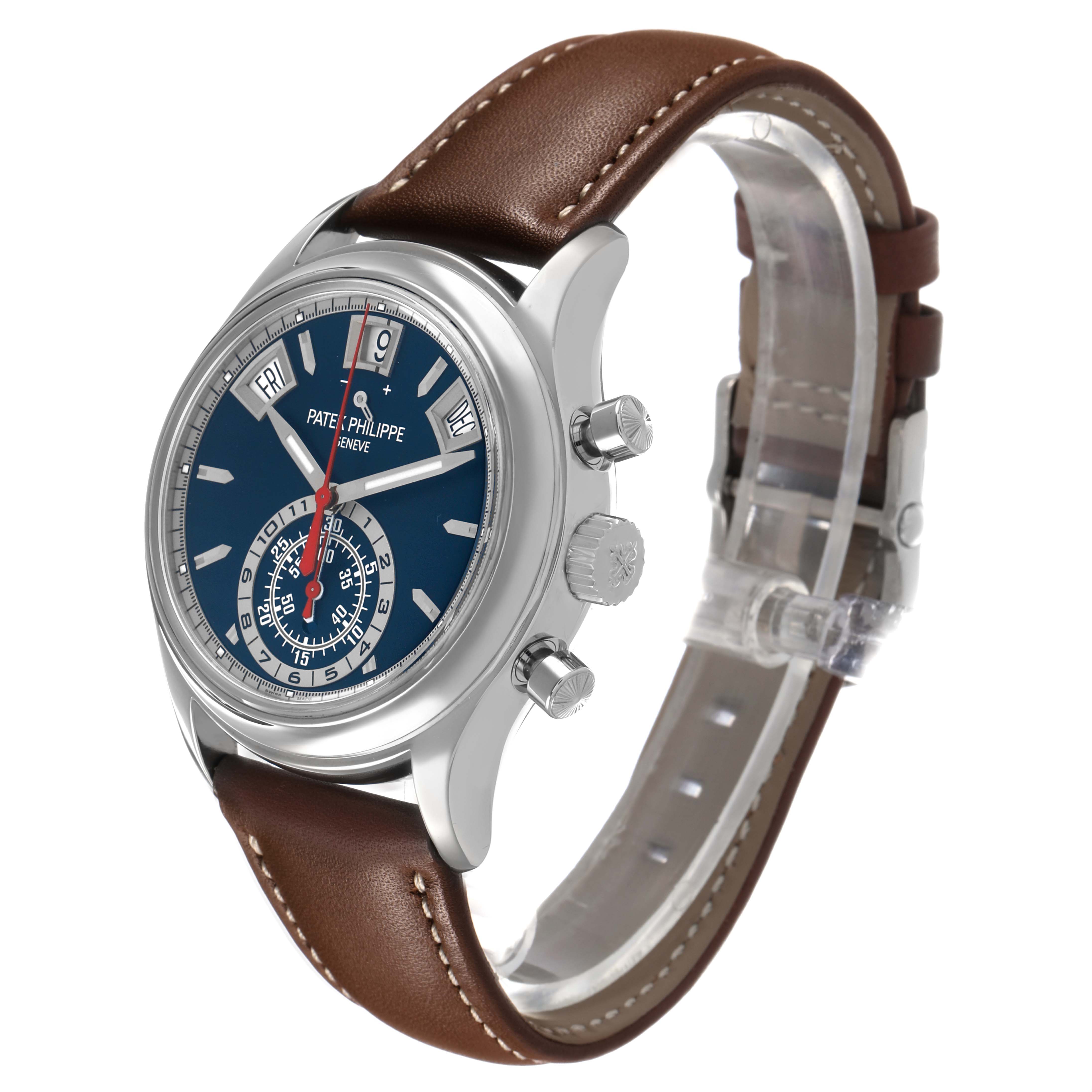 The Patek Philippe Complications 5960 Men's White Gold Blue Dial watch is shown at a three-quarter angle, highlighting the face, side buttons, and leather strap.