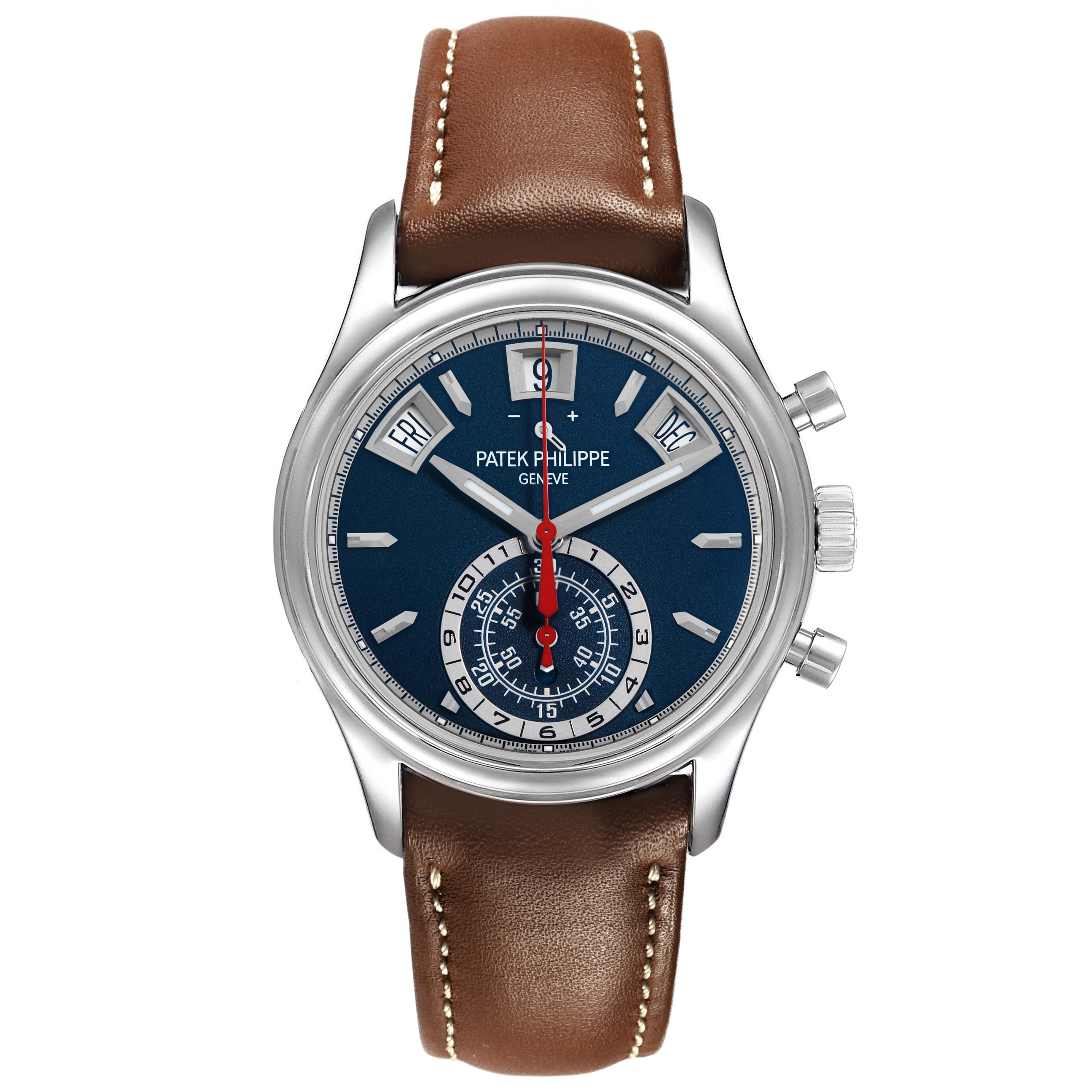 The Patek Philippe Complications 5960 Men's White Gold Blue Dial watch is shown from a front angle, displaying the face, bezel, and part of the leather strap.