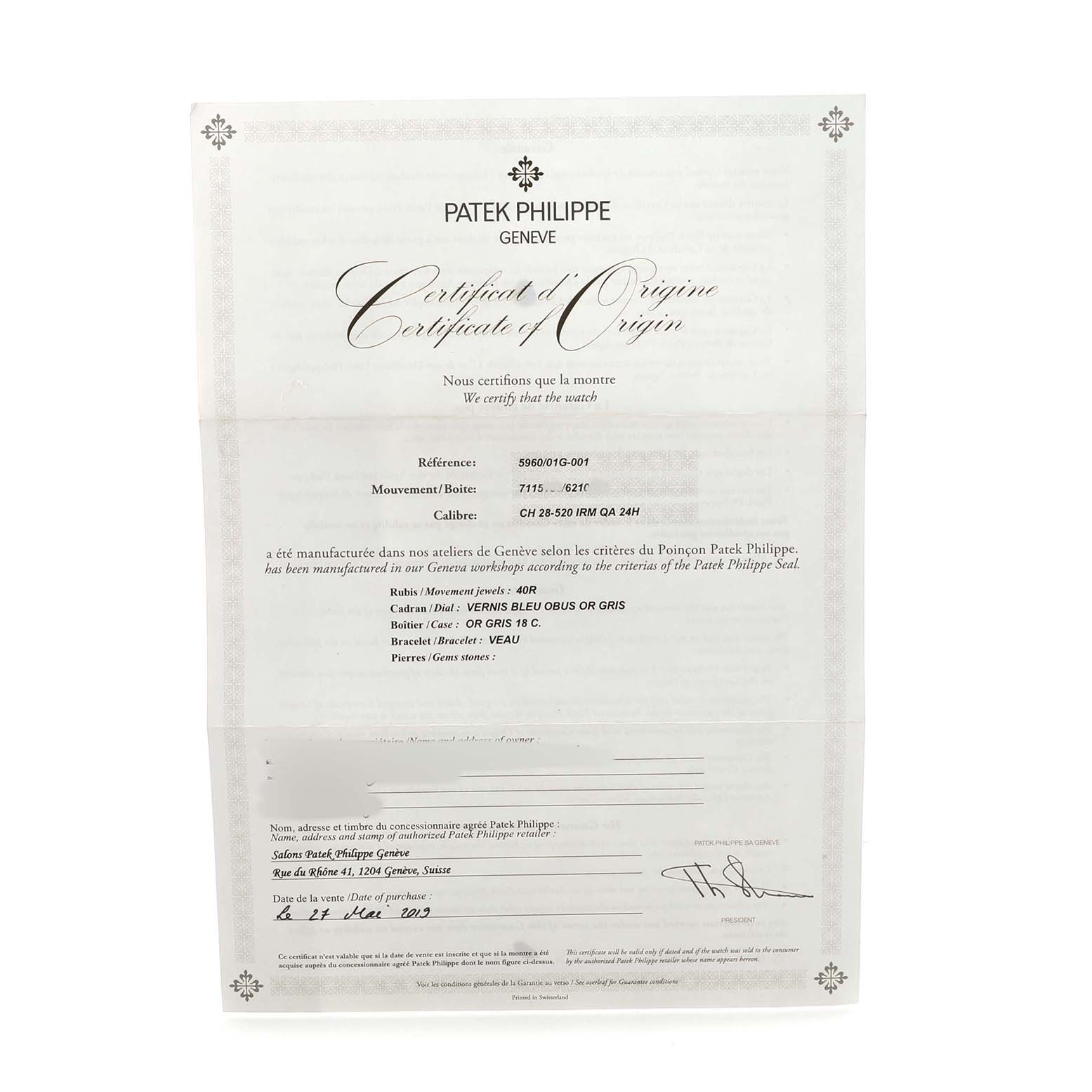 The image shows the "Certificate of Origin" for a Patek Philippe Complications 5960 Men's White Gold Blue Dial model, detailing reference and specifications.