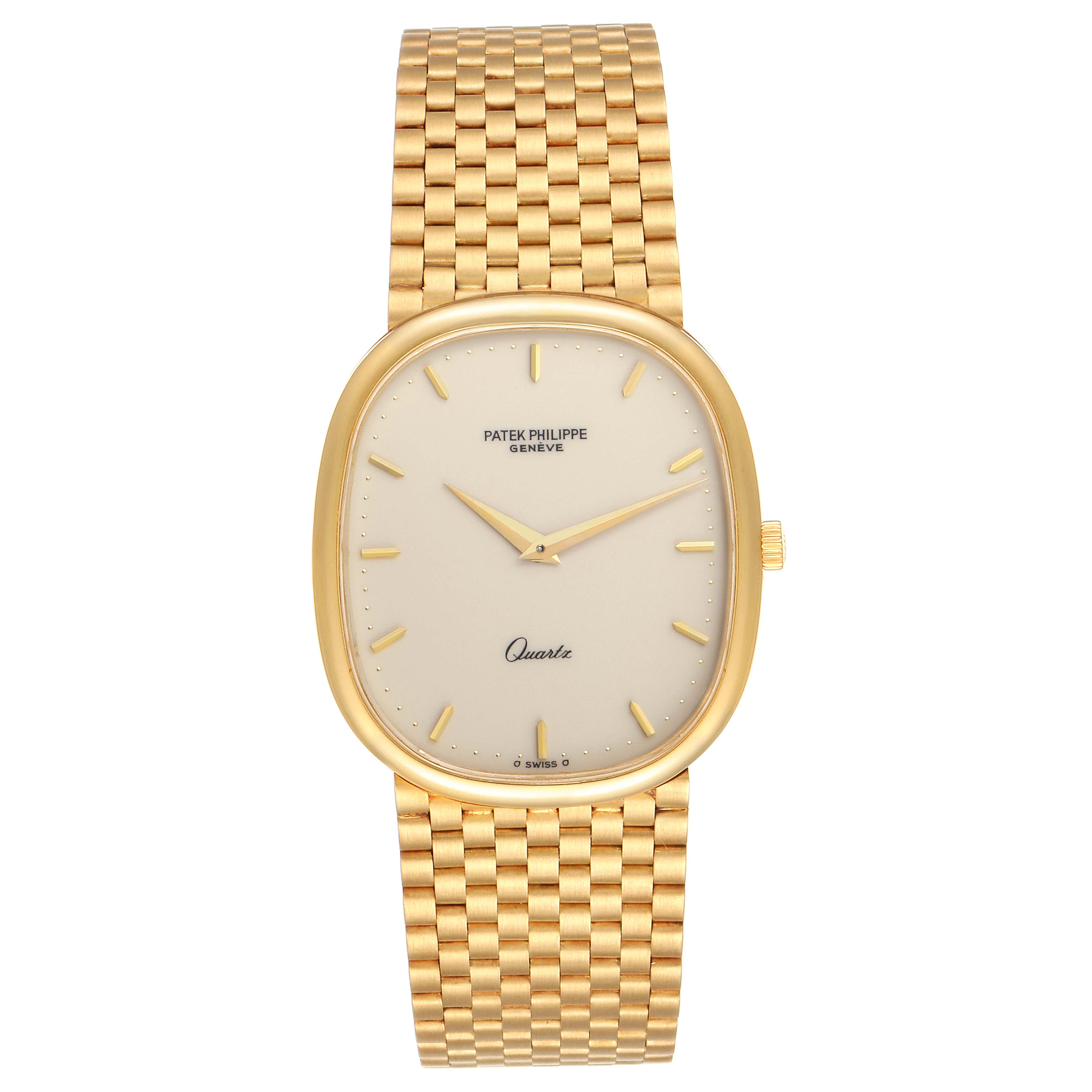 The image shows a frontal view of the Patek Philippe Golden Ellipse 3838/1 Men's Yellow Gold Beige Dial 3838/1 Men's Yellow Gold Beige Dial watch, displaying its face, bezel, and bracelet.