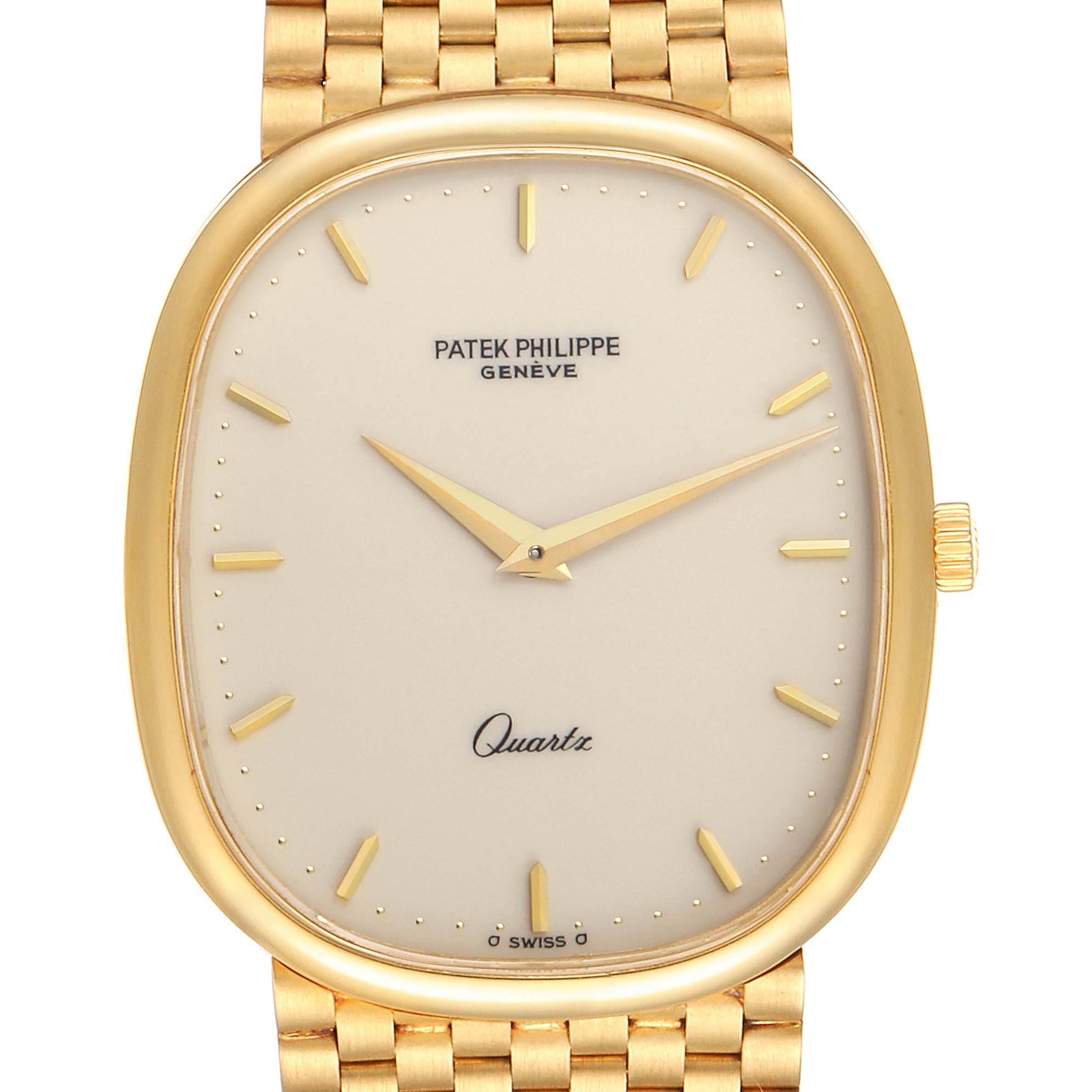 This image shows a front view of the Patek Philippe Golden Ellipse 3838/1 Men's Yellow Gold Beige Dial 3838/1 Men's Yellow Gold Beige Dial watch, displaying the dial and part of the bracelet.