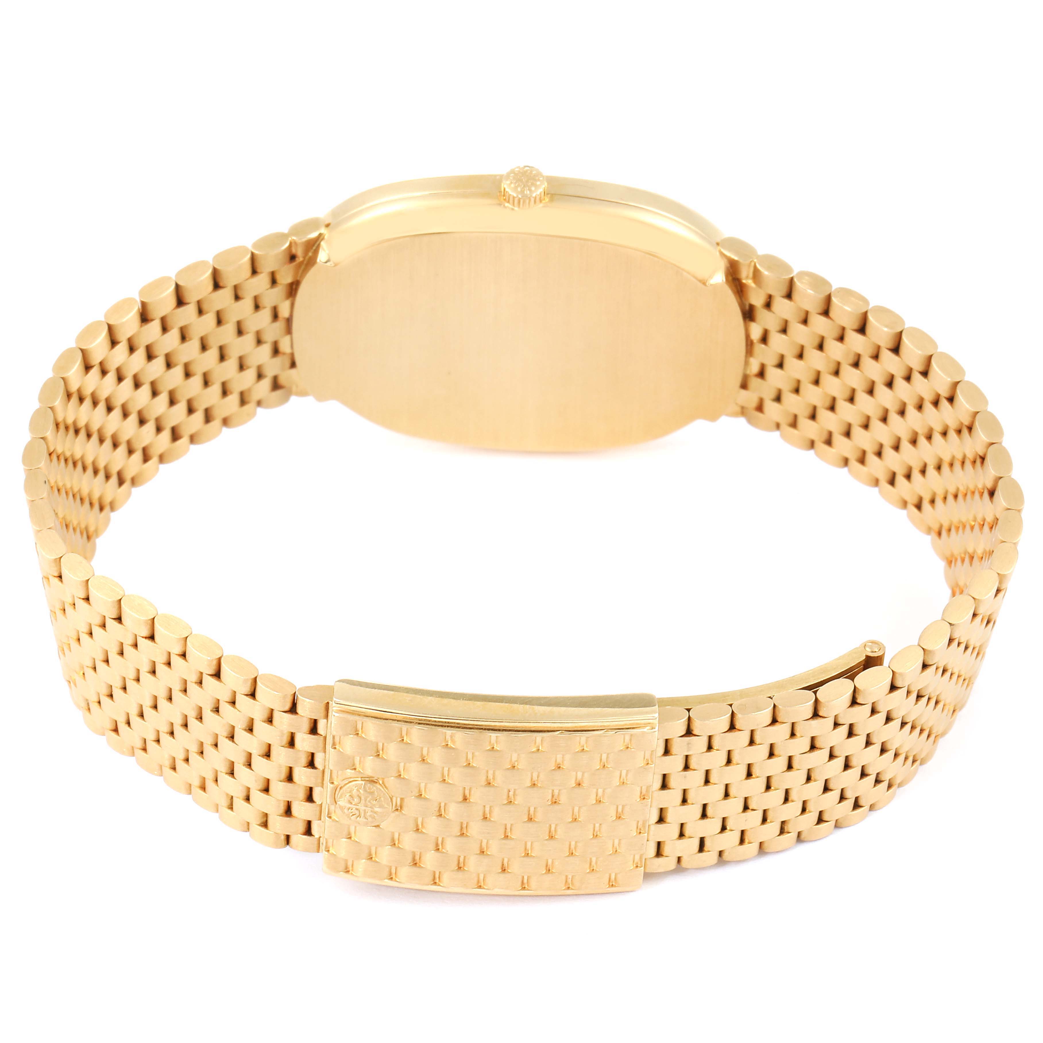 The image shows the back view of a Patek Philippe Golden Ellipse 3838/1 Men's Yellow Gold Beige Dial 3838/1 Men's Yellow Gold Beige Dial watch, highlighting the gold woven bracelet and clasp.