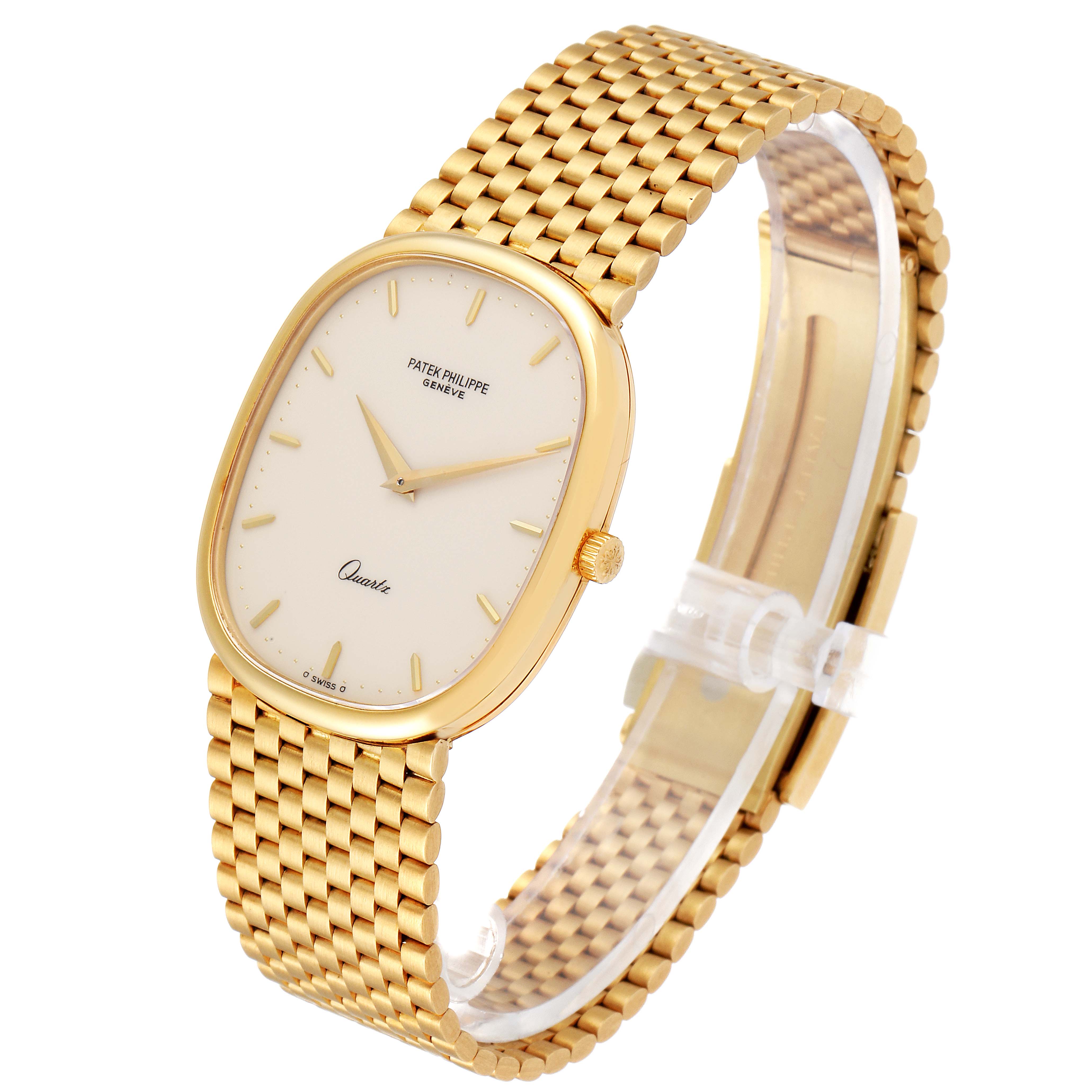 The image shows a Patek Philippe Golden Ellipse 3838/1 Men's Yellow Gold Beige Dial 3838/1 Men's Yellow Gold Beige Dial watch at an angle, highlighting its gold bracelet, oval face, and crown.