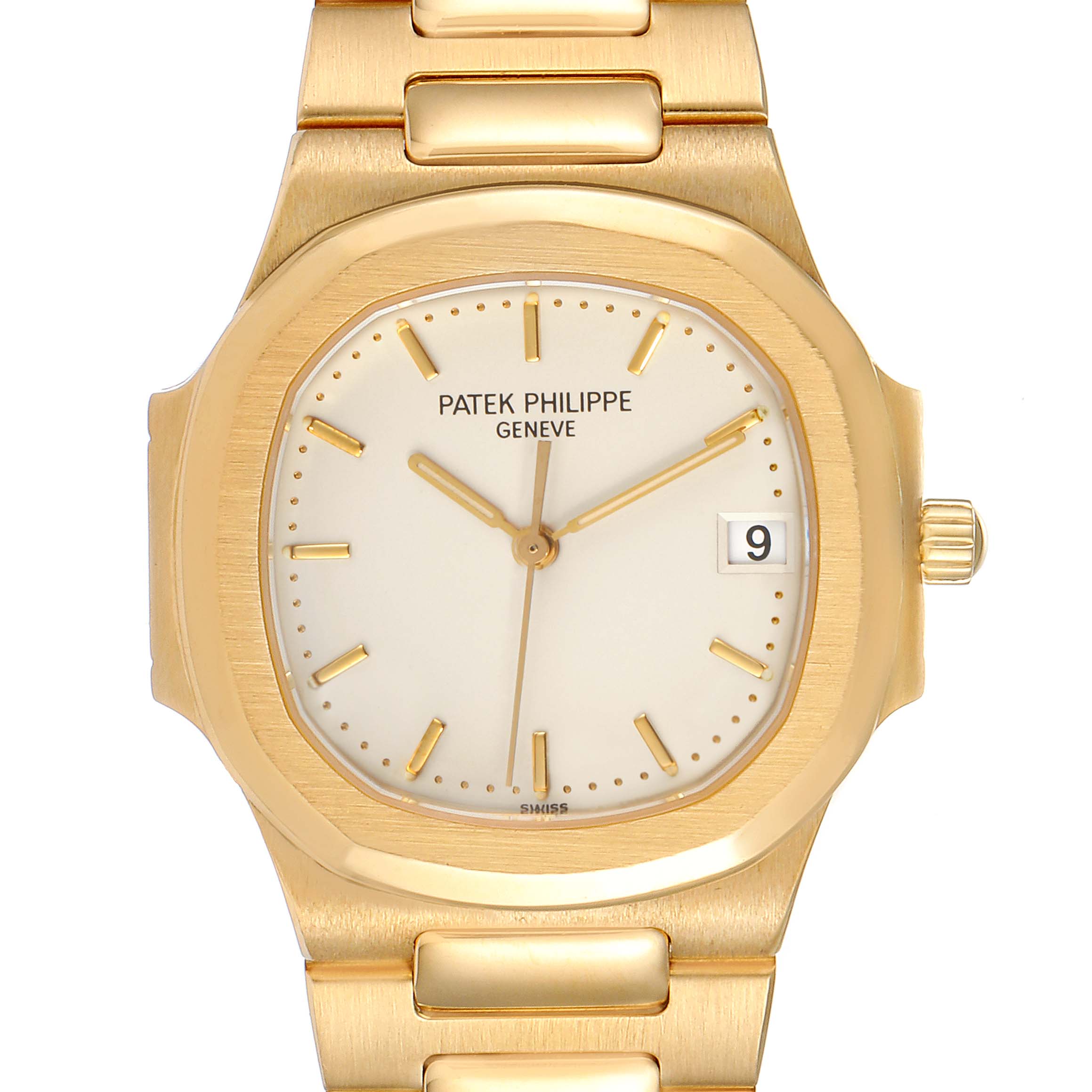 This image shows a close-up, front view of the dial and part of the bracelet of a Patek Philippe Nautilus 3900/1J Women's Yellow Gold Silver Dial 3900/1J Women's Yellow Gold Silver Dial watch.