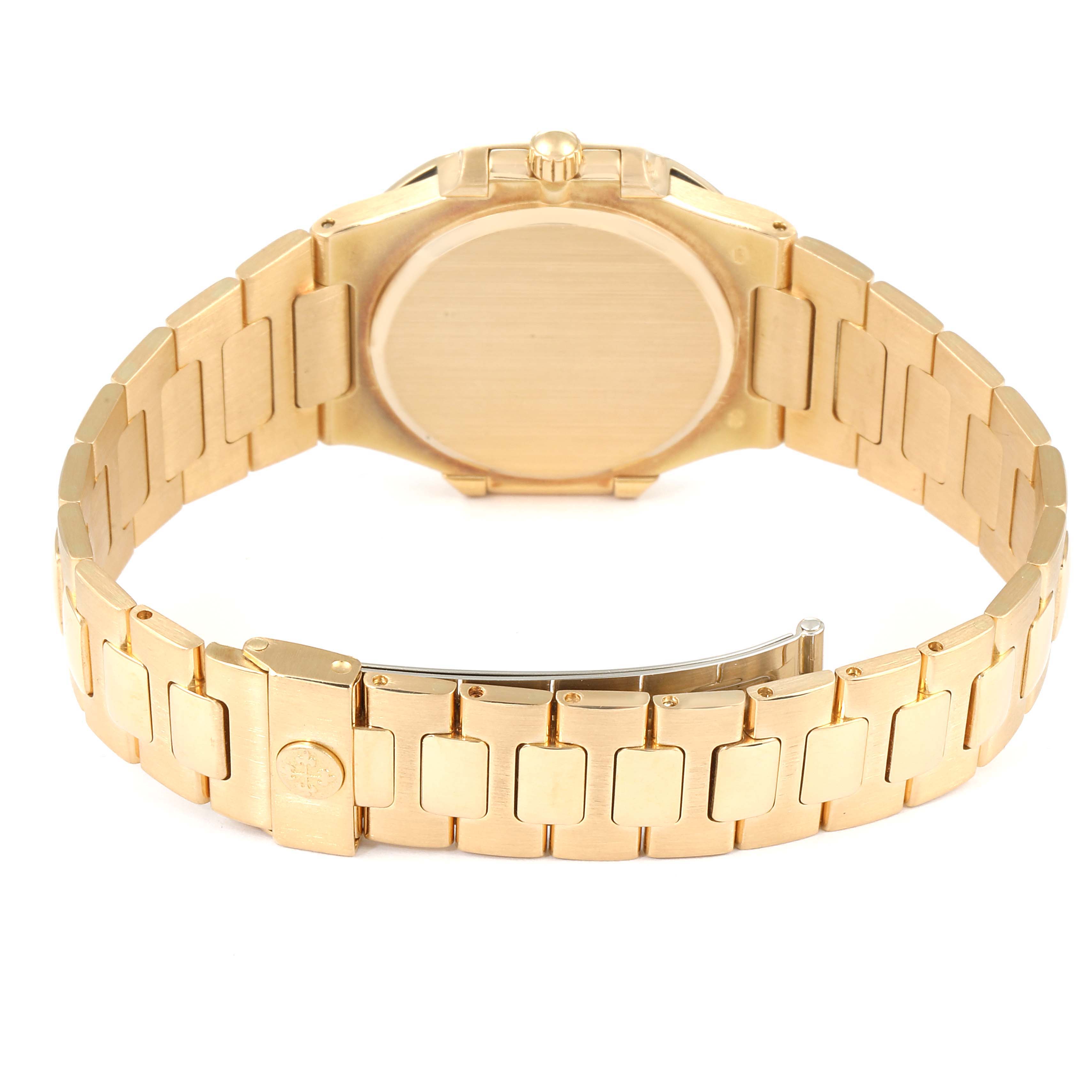 This image shows the back and bracelet of a Patek Philippe Nautilus 3900/1J Women's Yellow Gold Silver Dial 3900/1J Women's Yellow Gold Silver Dial watch, photographed from a rear angle.