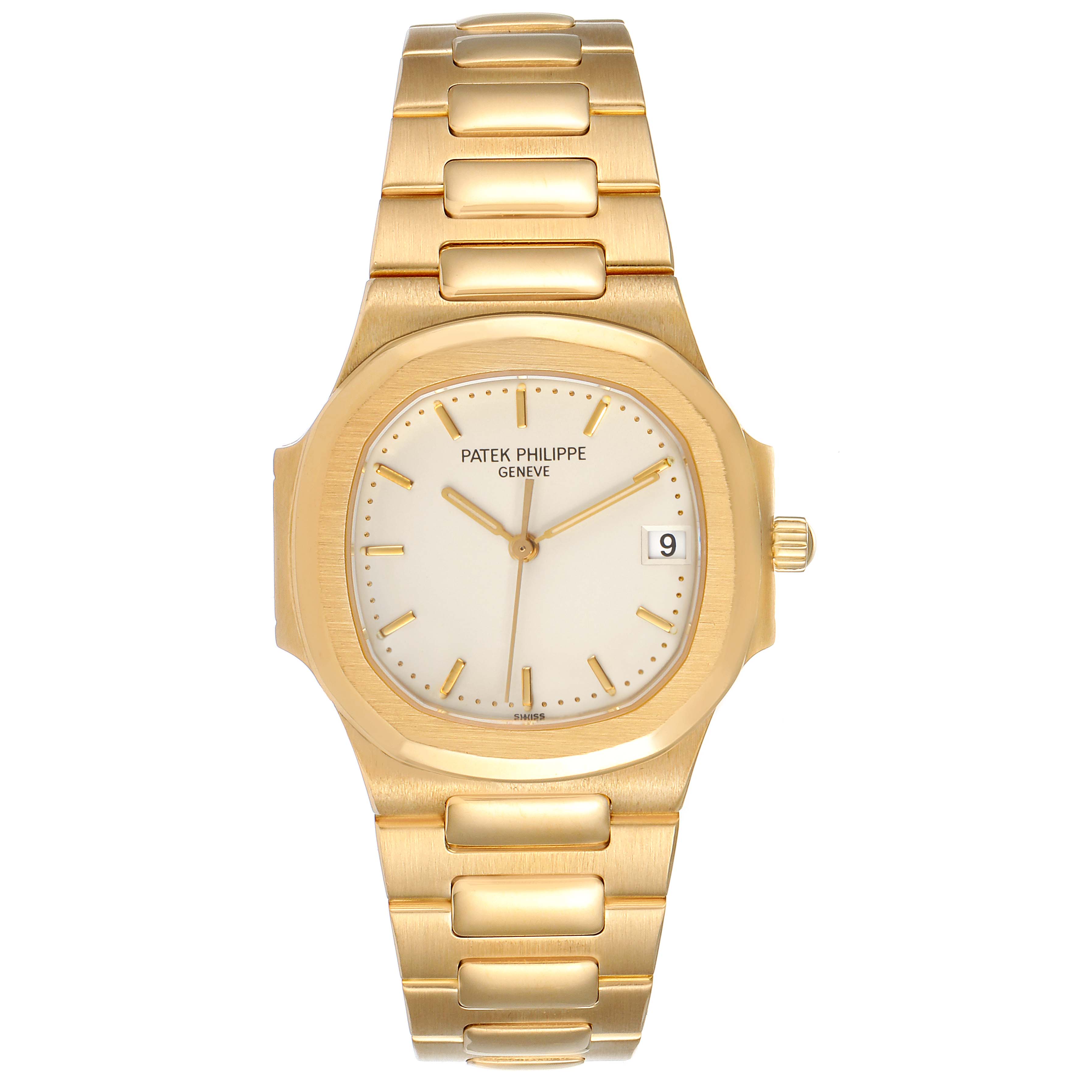 The image shows a front view of a Patek Philippe Nautilus 3900/1J Women's Yellow Gold Silver Dial 3900/1J Women's Yellow Gold Silver Dial watch, highlighting its gold bracelet and white dial with date display.