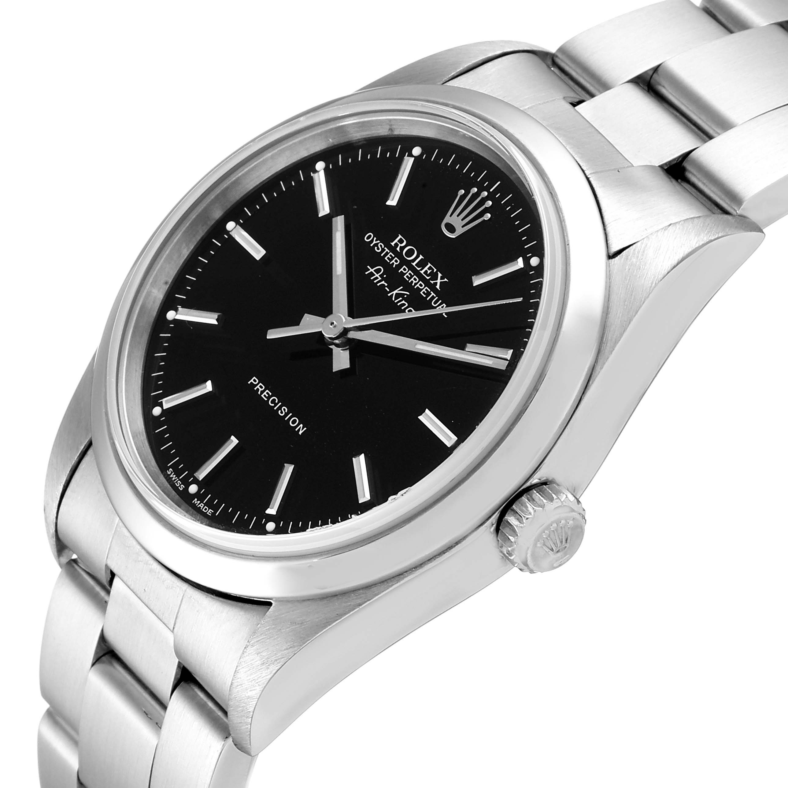 The image shows a Rolex Air-King 14000 Men's Stainless Steel Black Dial 14000 Men's Stainless Steel Black Dial watch viewed at an angle, featuring its dial, crown, and stainless steel bracelet.