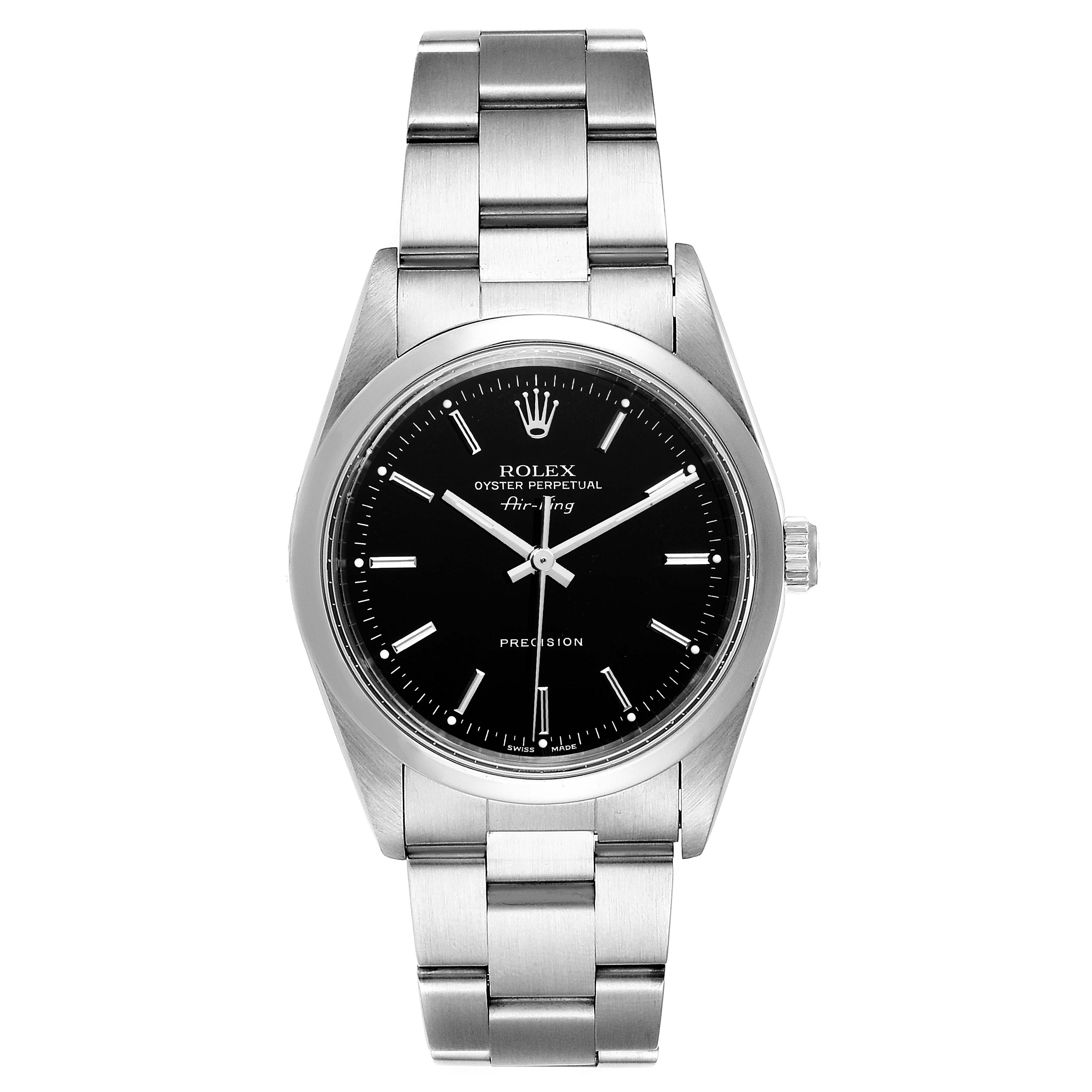 The image shows a front view of a Rolex Air-King 14000 Men's Stainless Steel Black Dial 14000 Men's Stainless Steel Black Dial watch, highlighting the dial, bezel, and stainless steel bracelet.