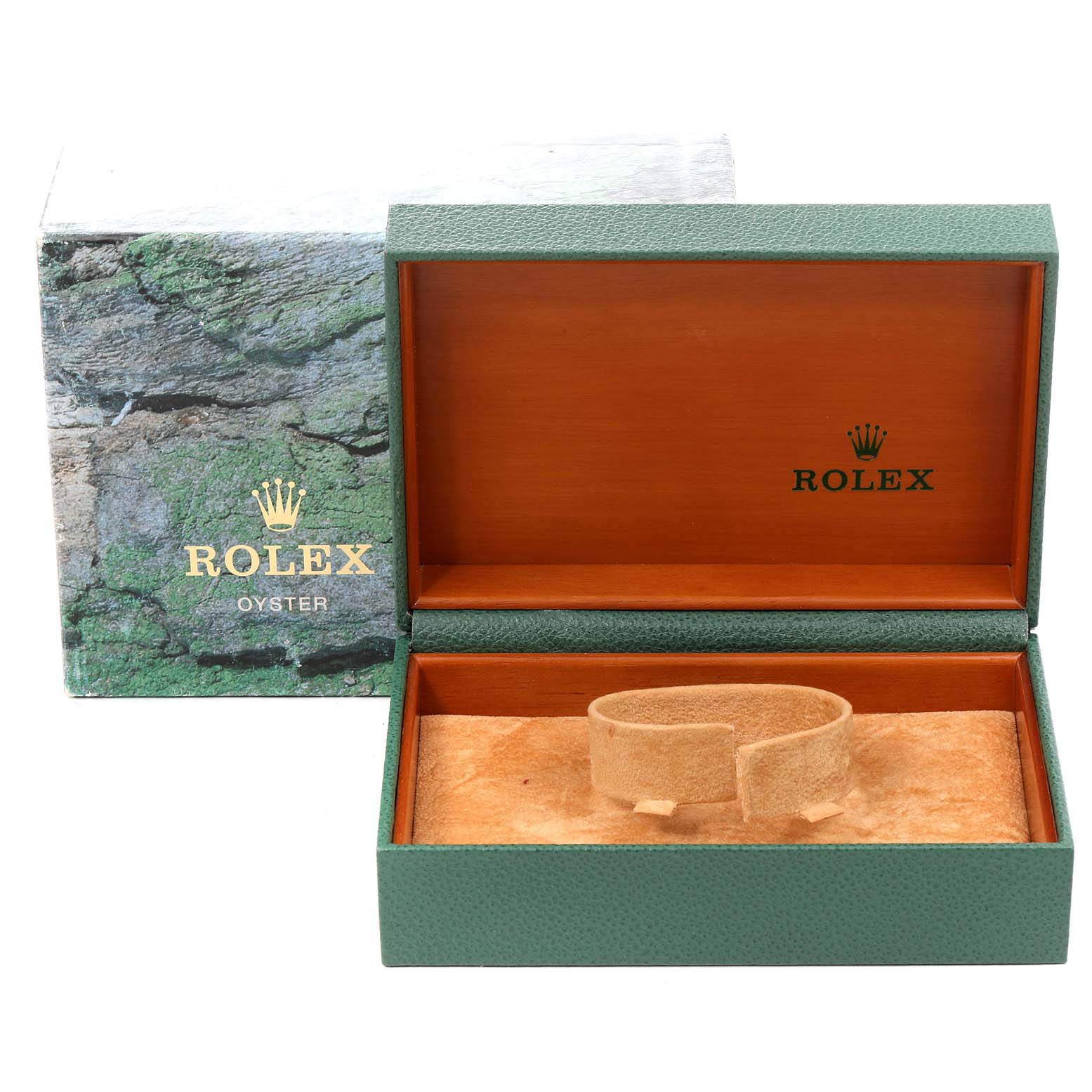 The image shows an open green Rolex box with interior wood finish and an empty watch pillow for the Rolex Air-King 14000 Men's Stainless Steel Black Dial 14000 Men's Stainless Steel Black Dial model.