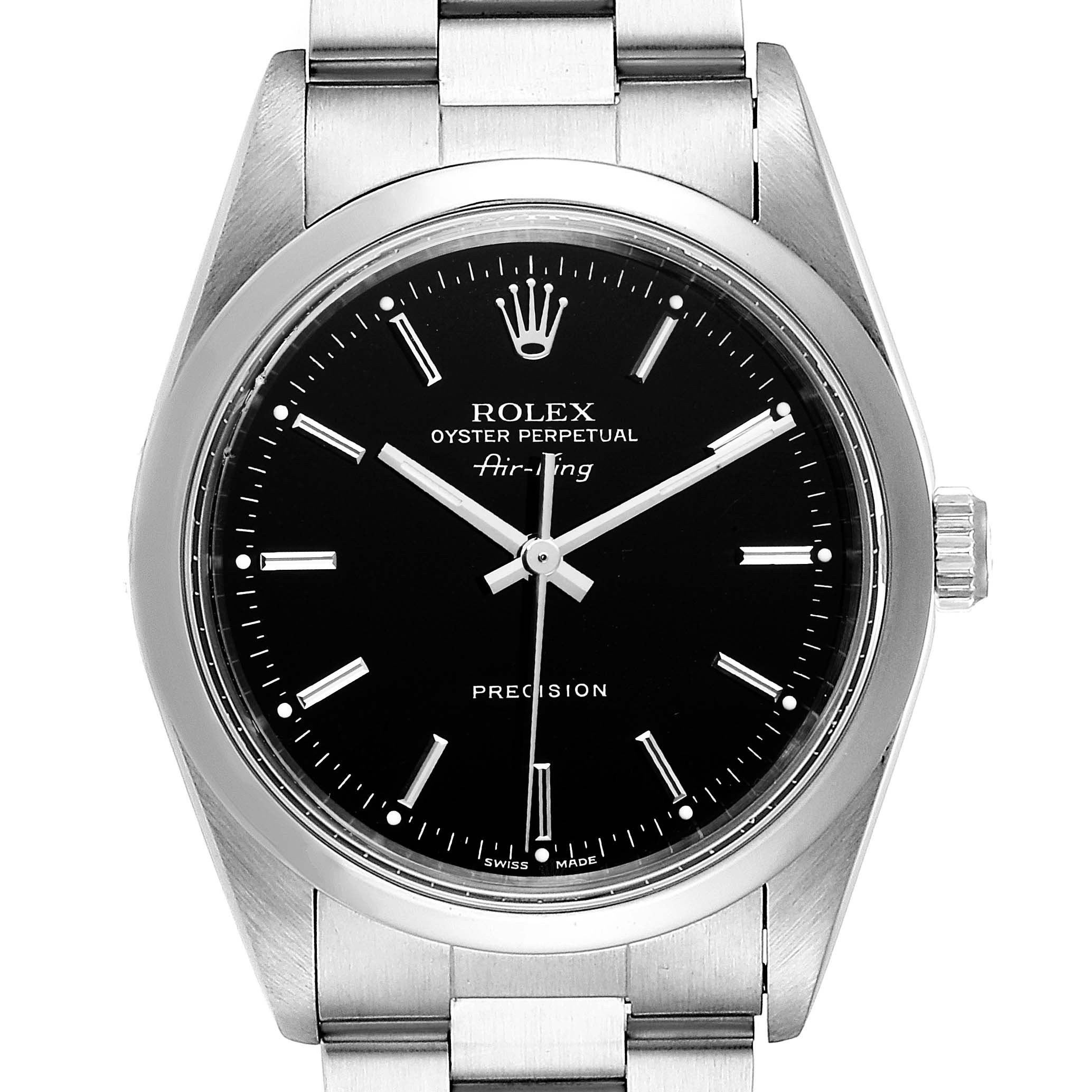 This image shows a front view of the Rolex Air-King 14000 Men's Stainless Steel Black Dial 14000 Men's Stainless Steel Black Dial watch, focusing on the dial, hands, bezel, and part of the bracelet.